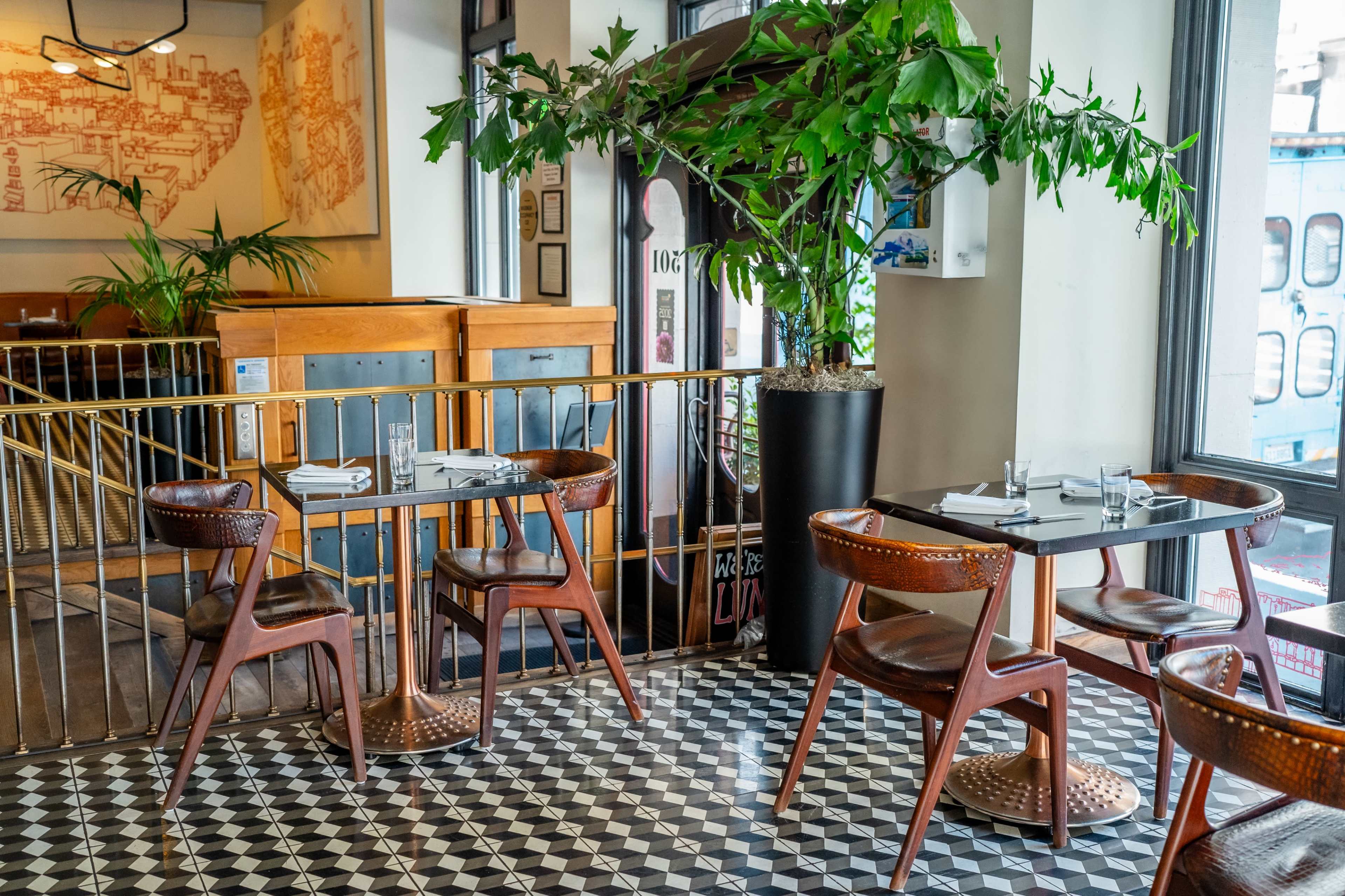 The image shows a modern restaurant interior with two empty wooden tables surrounded by stylish chairs, set on a patterned tile floor with a large leafy plant in a pot by the window.