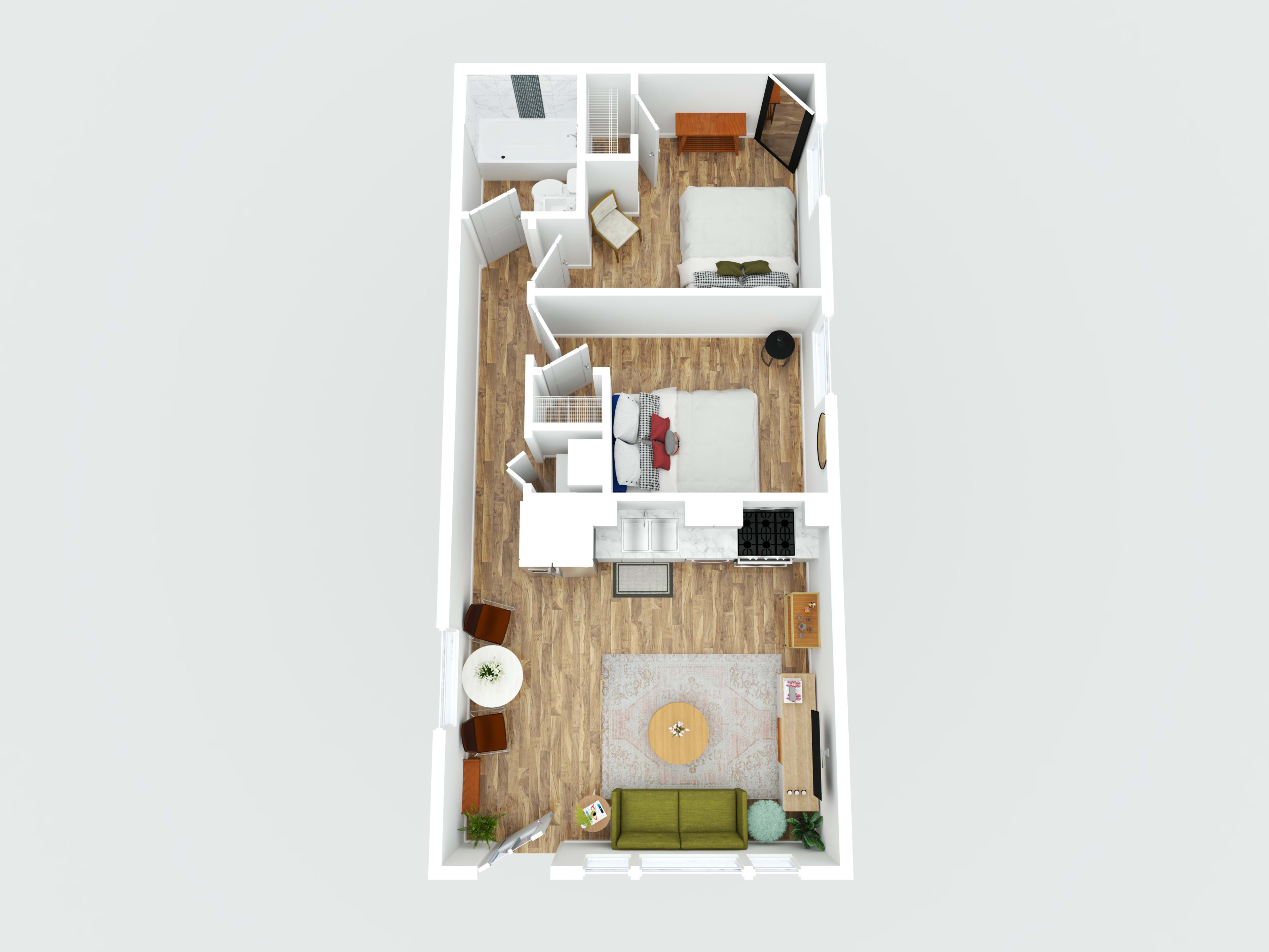 The image depicts a floor plan of a small apartment featuring a living area, kitchen, bedroom, and bathroom.