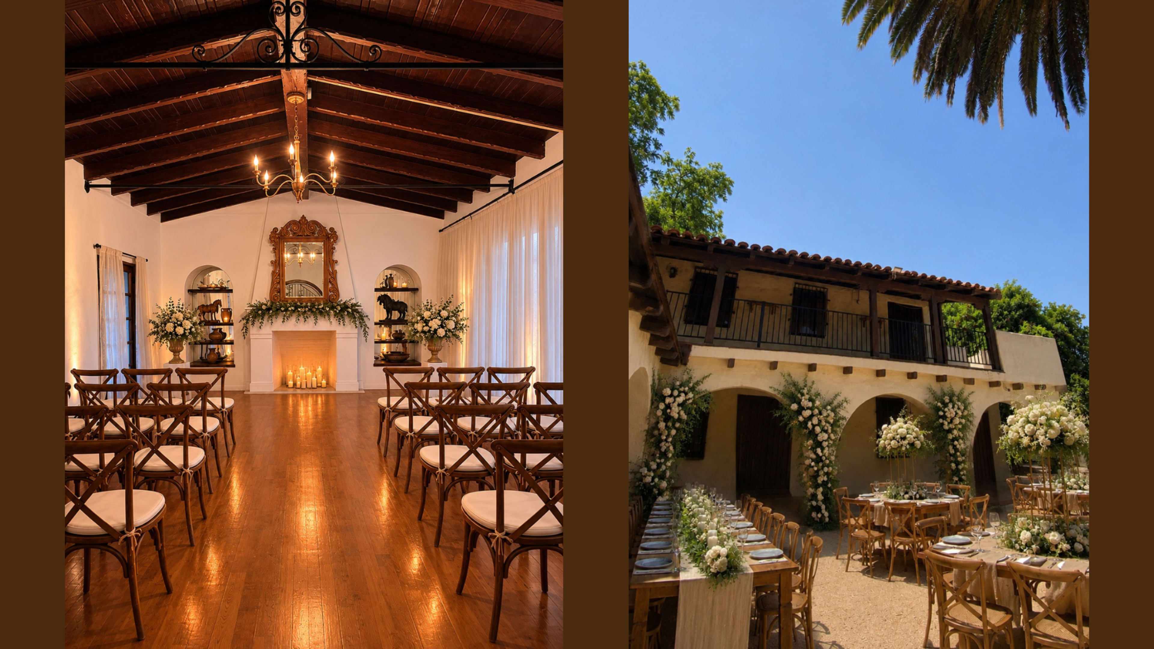The image shows a split scene with a wedding venue featuring a decorated indoor ceremony space on the left and an outdoor reception area with dining tables adorned with floral arrangements on the right.