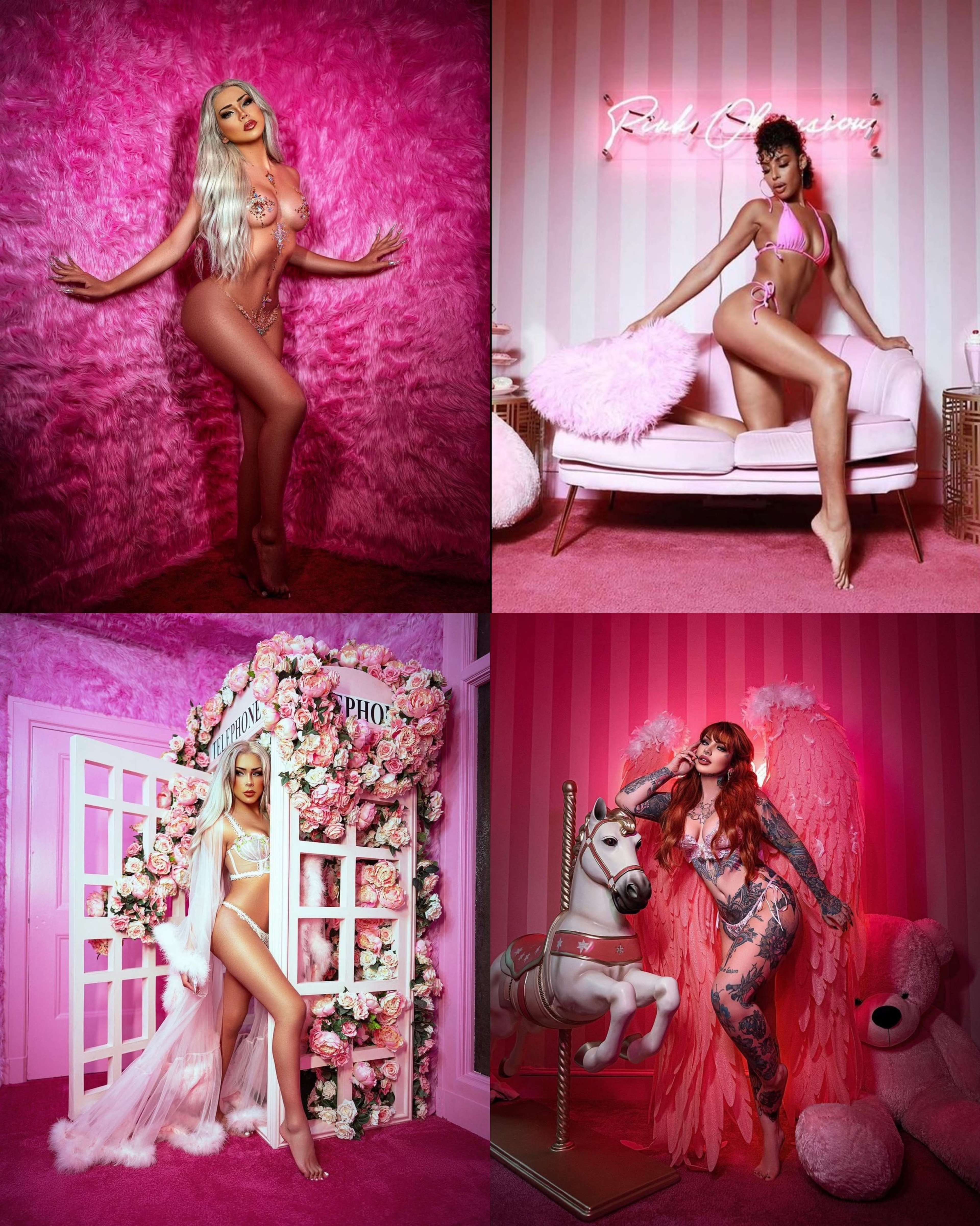 Four models posing in a vibrant, pink-themed photoshoot, each styled uniquely against backgrounds of plush textures and floral arrangements.