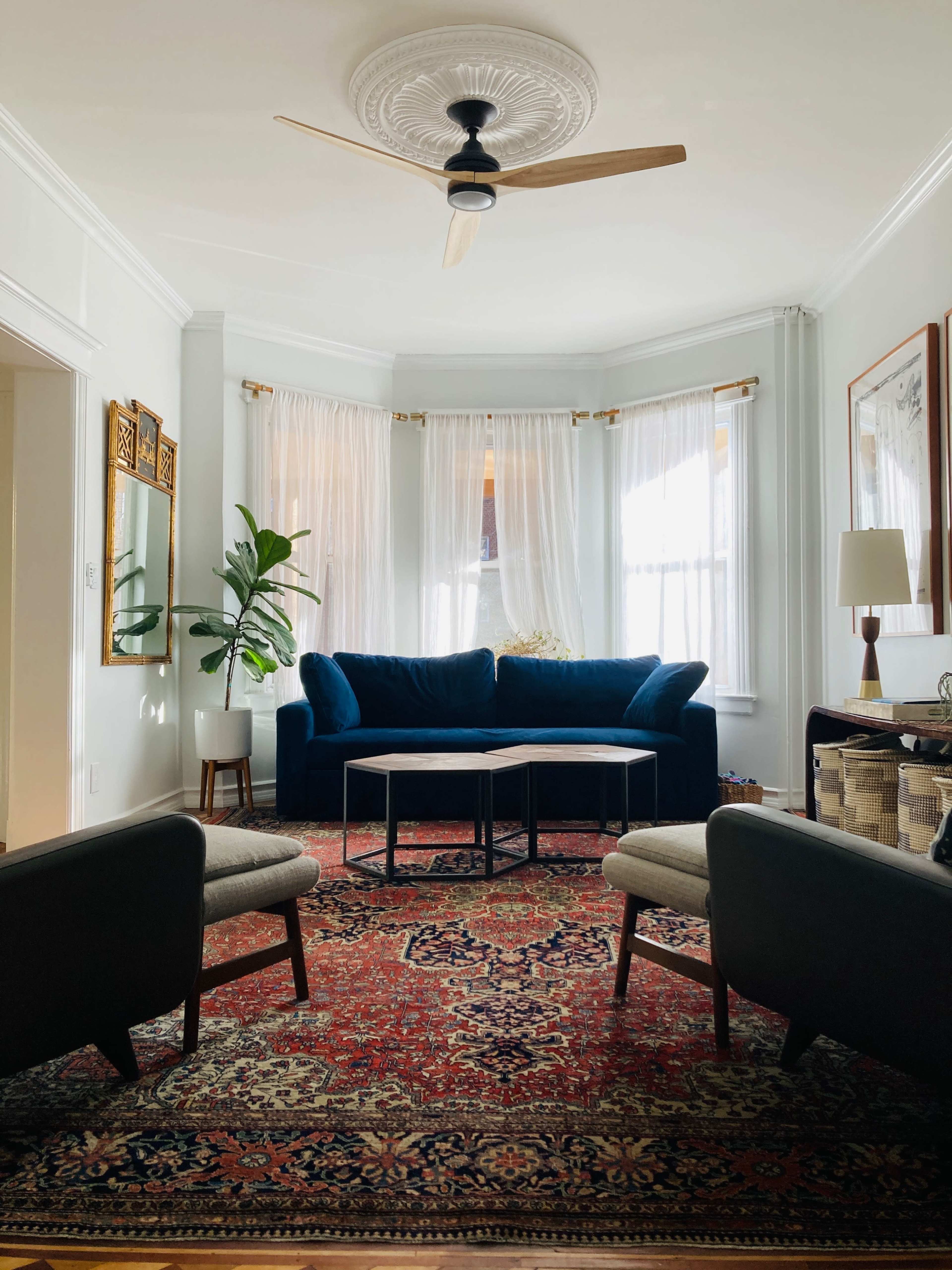 A bright living room features a blue sofa, two chairs, a patterned rug, and large windows with sheer curtains.