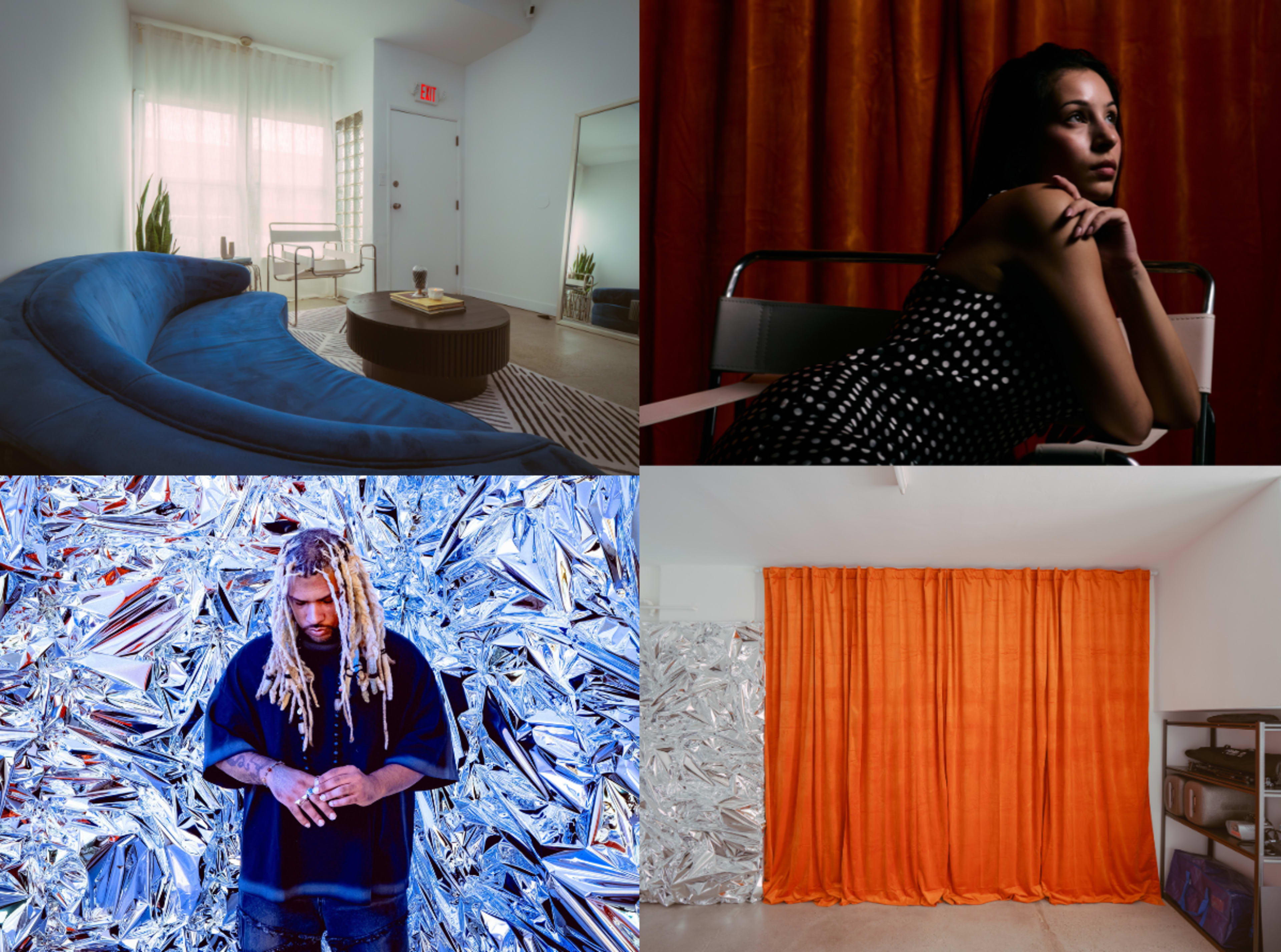The image features four distinct scenes: a minimalist living room with a blue sofa and large windows, a woman posing in front of a bright orange backdrop, a man standing against a backdrop of shiny silver foil, and a room with an orange curtain in front of a reflective wall.