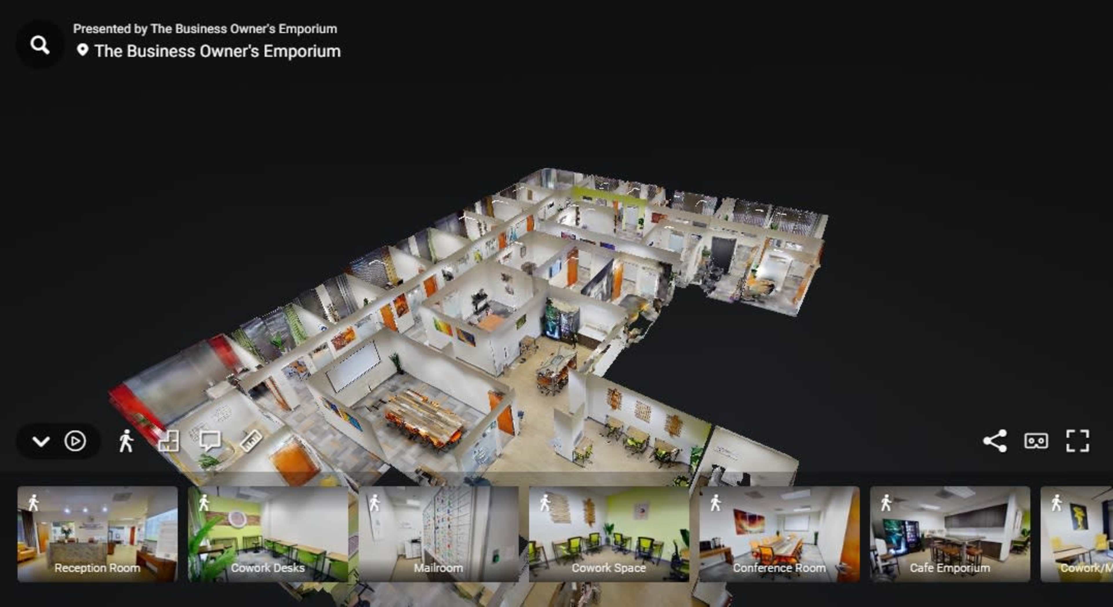 A three-dimensional layout of "The Business Owner's Emporium," featuring various rooms including a reception area, meeting rooms, coworking spaces, and a café.