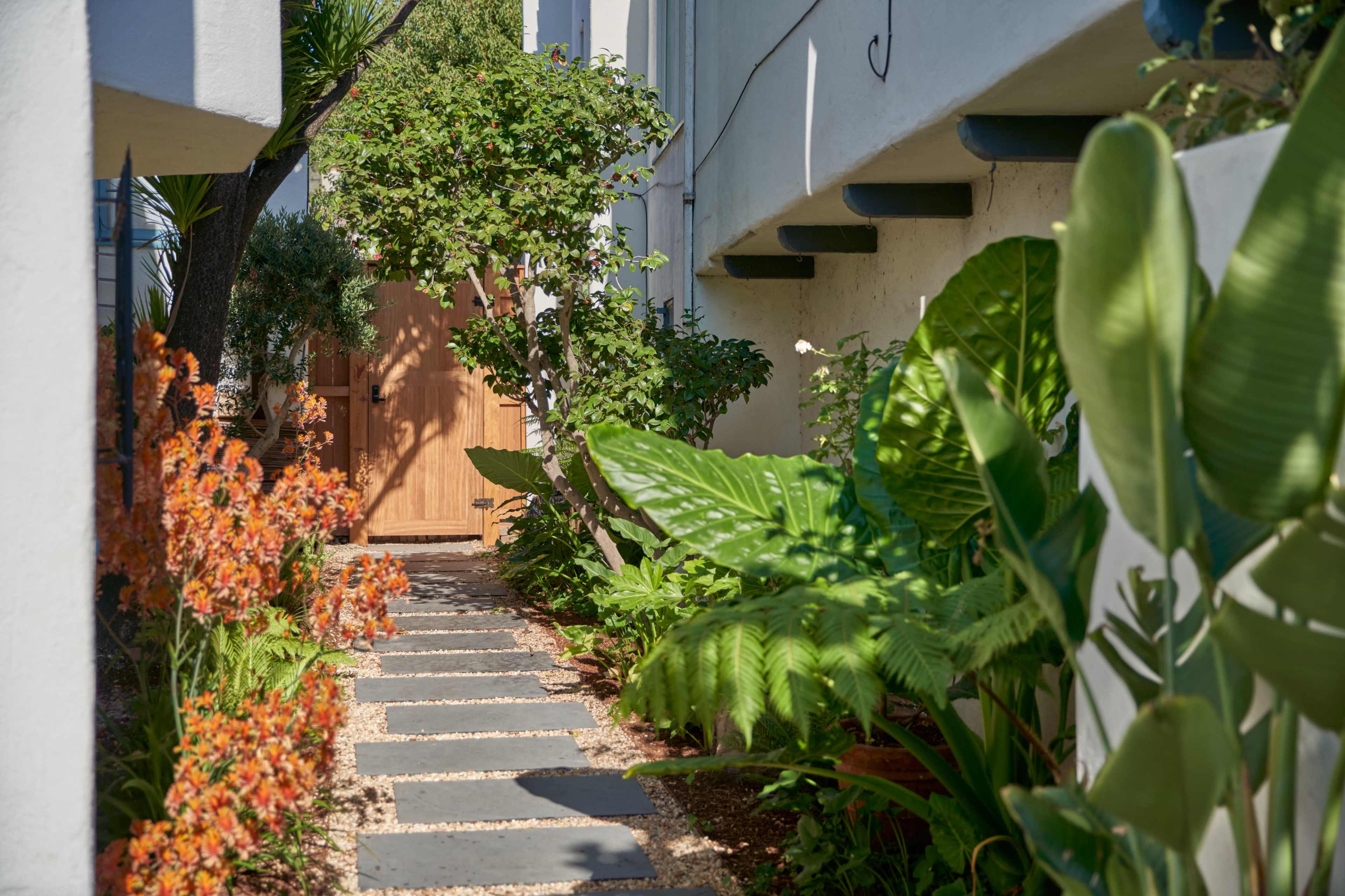 A stone pathway leads through lush greenery and vibrant flowers to a wooden door set against a white wall.