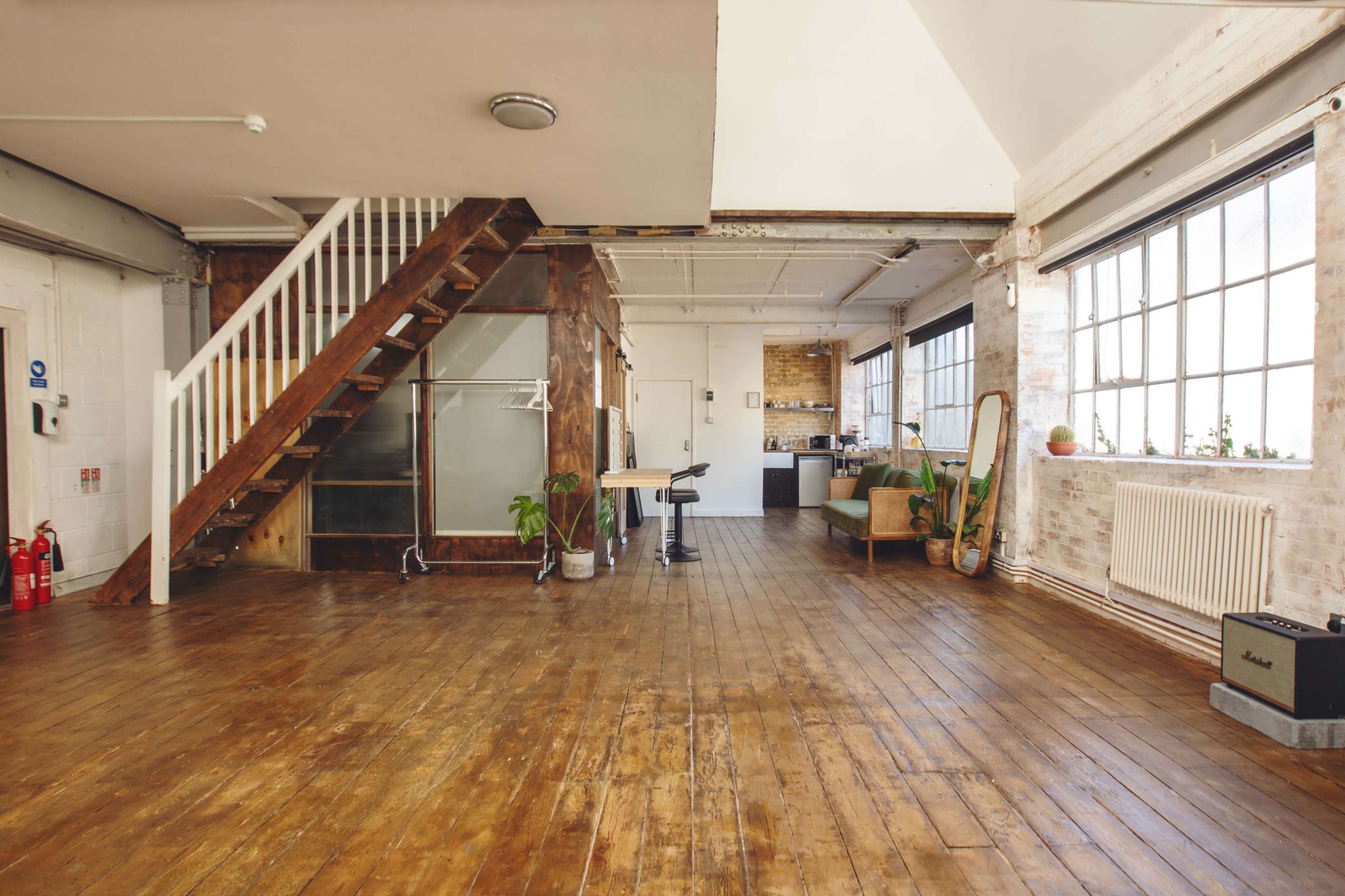 Warehouse Space with Wooden Floor and Brick walls Image in Dalston, london, ENG