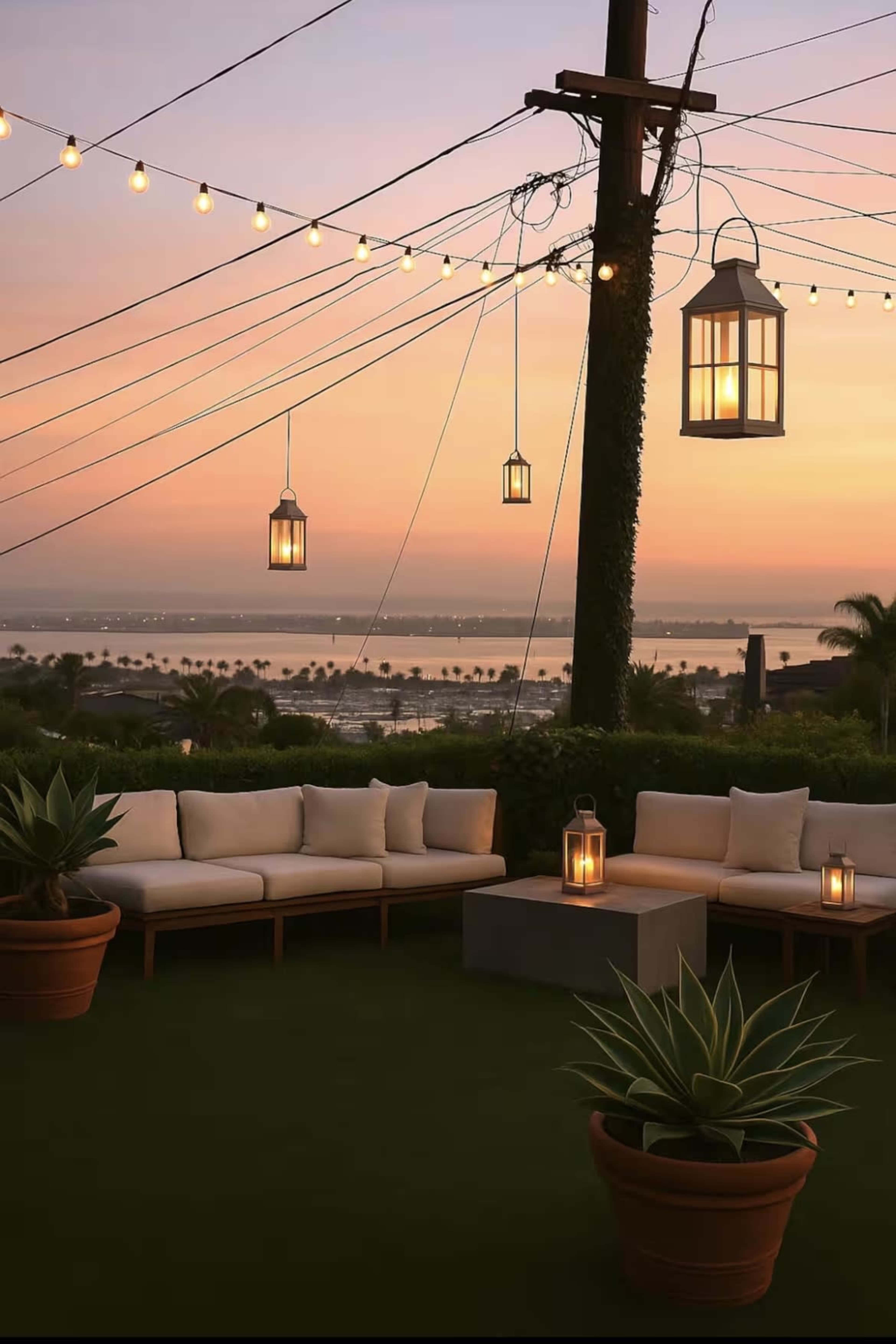 The image showcases a cozy outdoor seating area adorned with lanterns, surrounded by plants, against a backdrop of a sunset over the water.