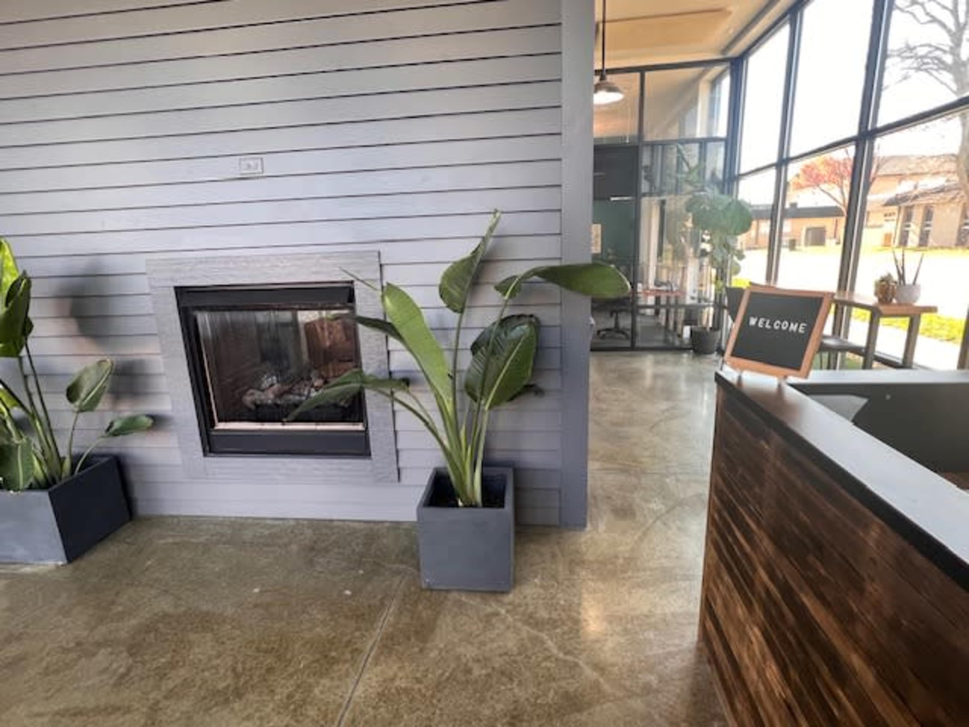 A modern interior with a fireplace, large potted plants, and a reception desk displaying a "WELCOME" sign.