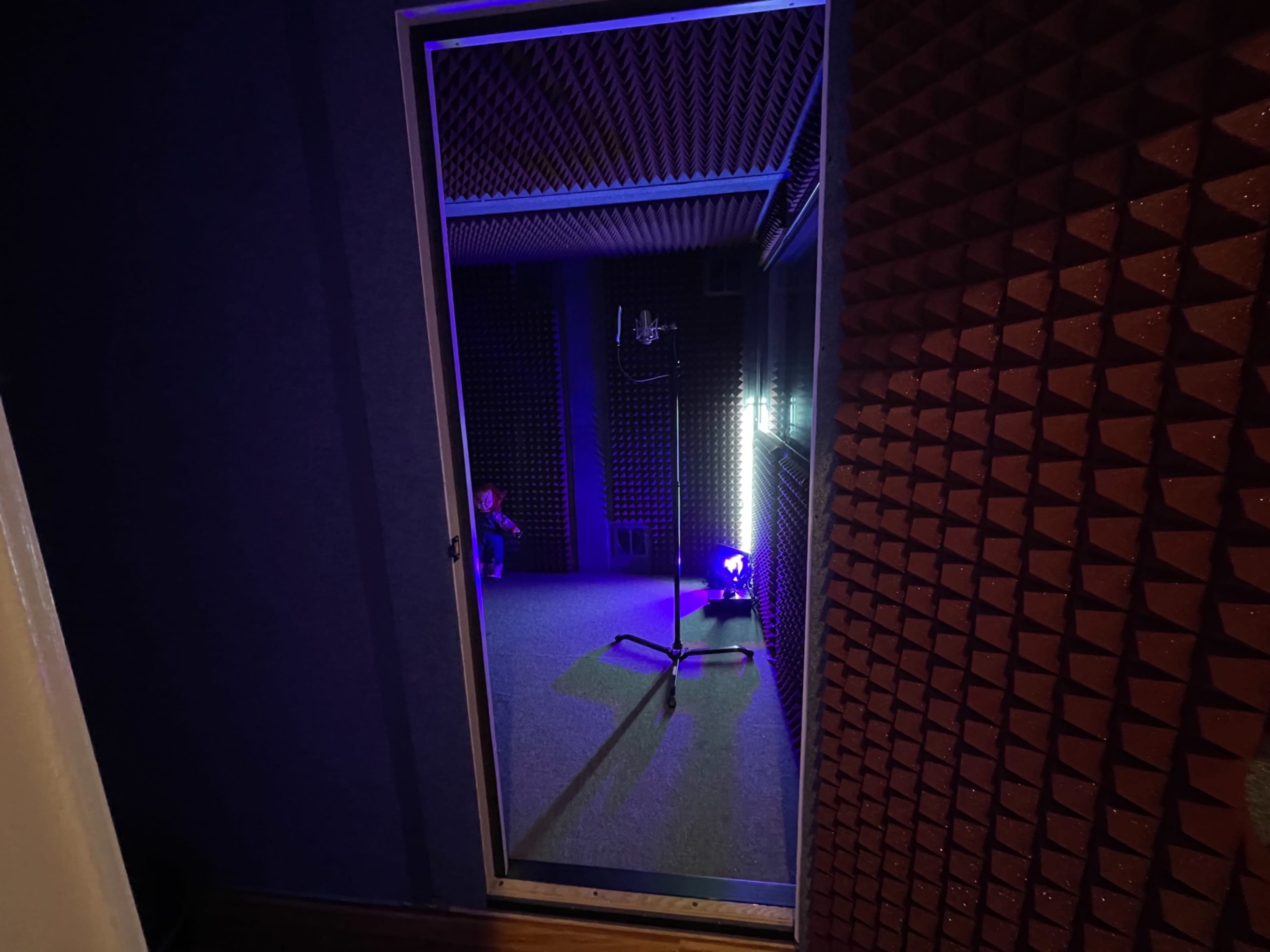 The image shows an interior view of a soundproof recording studio with a microphone stand and dim lighting.