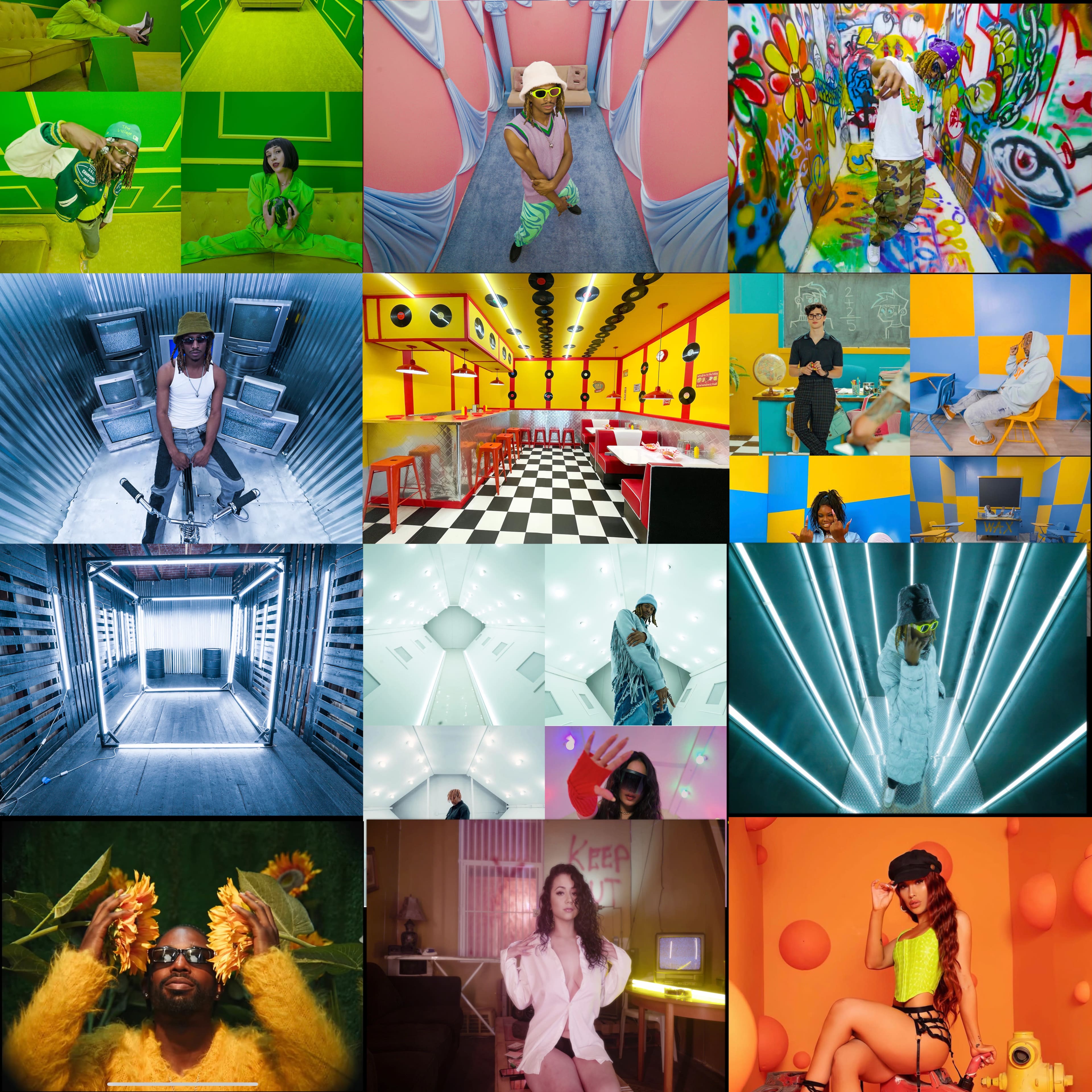 A vibrant collage of twelve distinct scenes featuring individuals in various colorful environments and artistic backdrops.