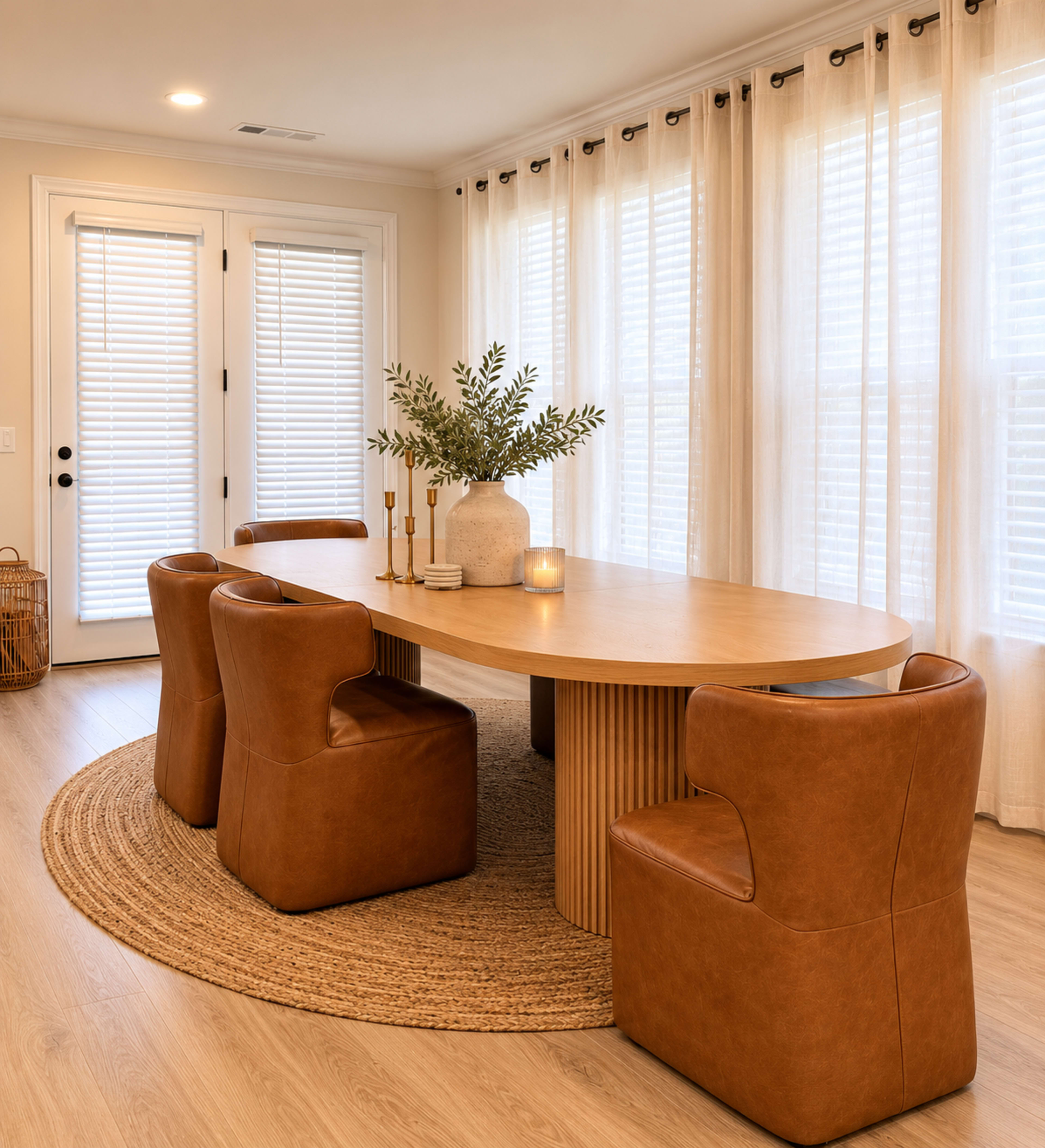A round dining table surrounded by four brown chairs sits in a bright room with large windows dressed in sheer curtains.