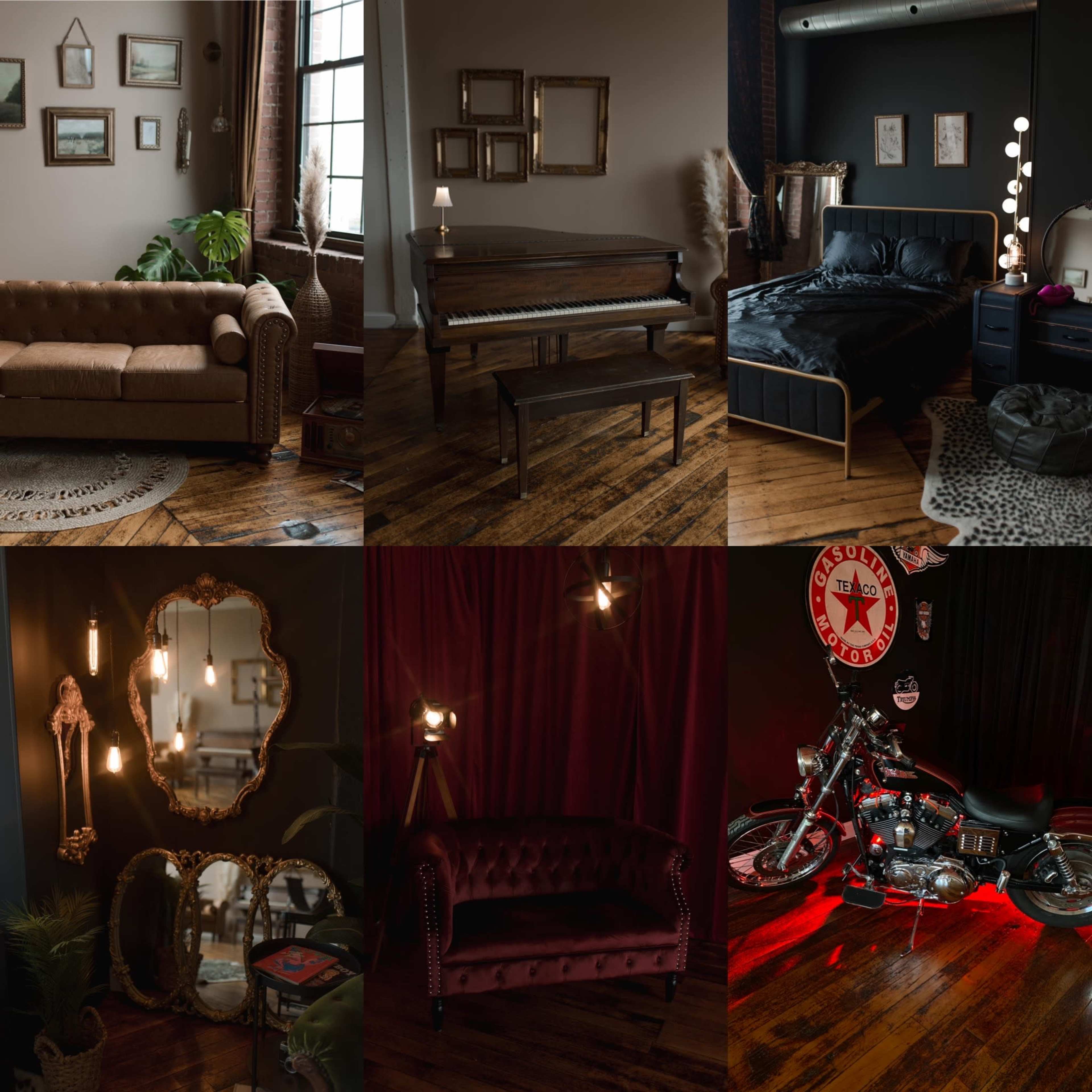 The image features a collage of stylish interior spaces, showcasing a living area with a leather sofa, a piano, a bedroom with a black bed, vintage mirrors, and a motorcycle in a dimly lit setting.