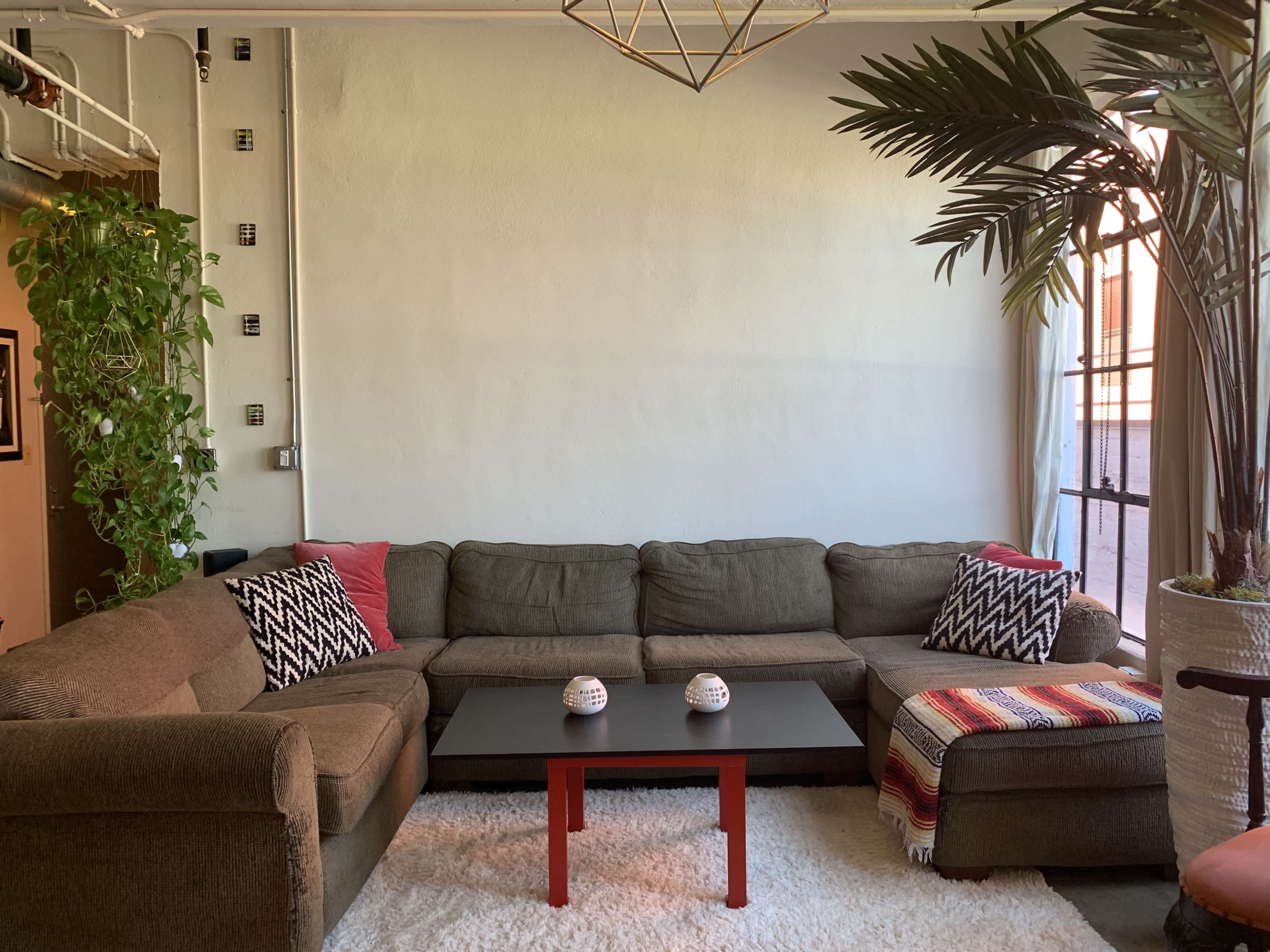 The image shows a living room with a large sectional sofa, a black coffee table with two decorative items on it, and a tall plant in a white pot next to a large window.