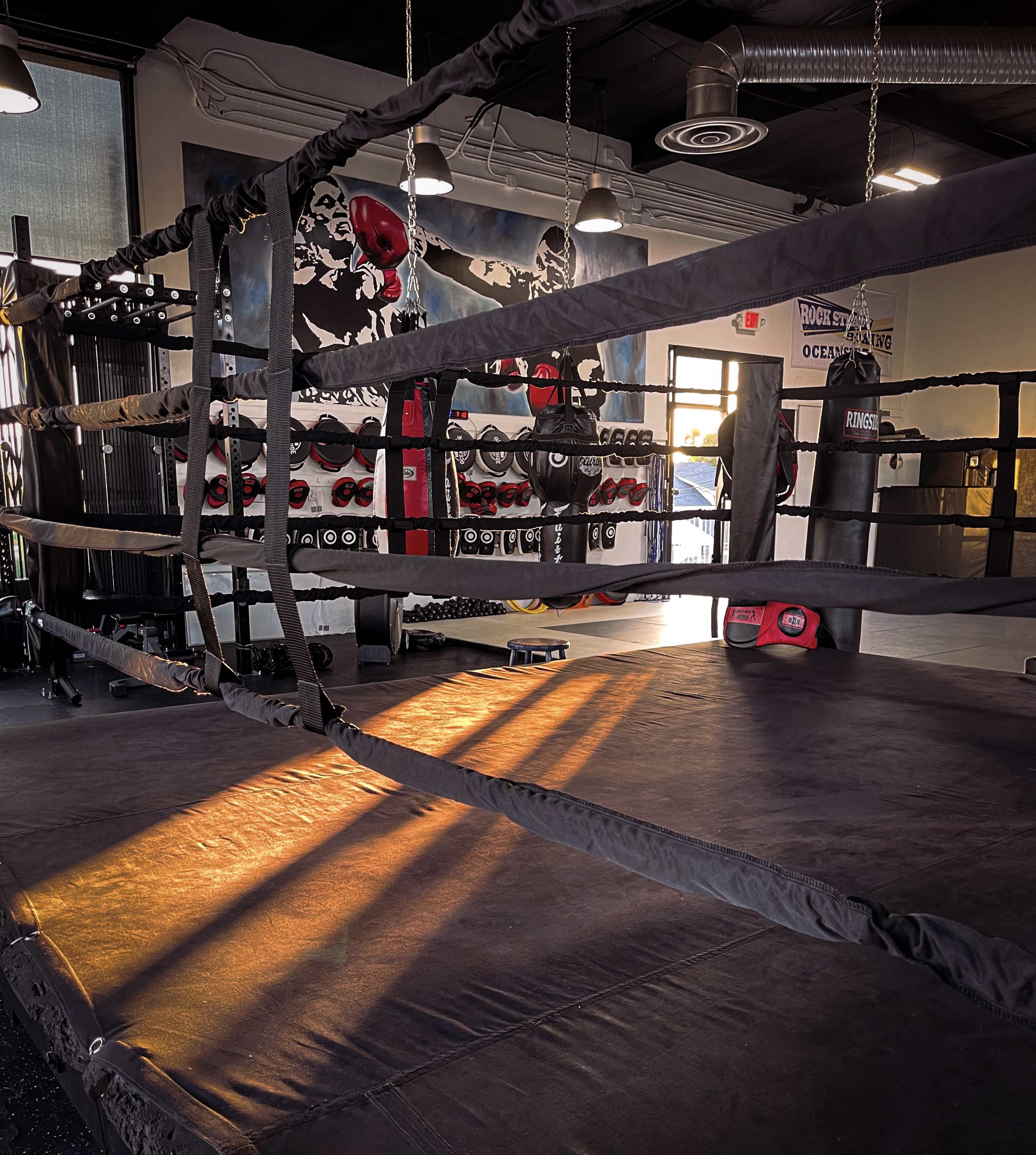 An empty boxing ring illuminated by sunlight, set against a backdrop of gym equipment and a painted mural on the wall.