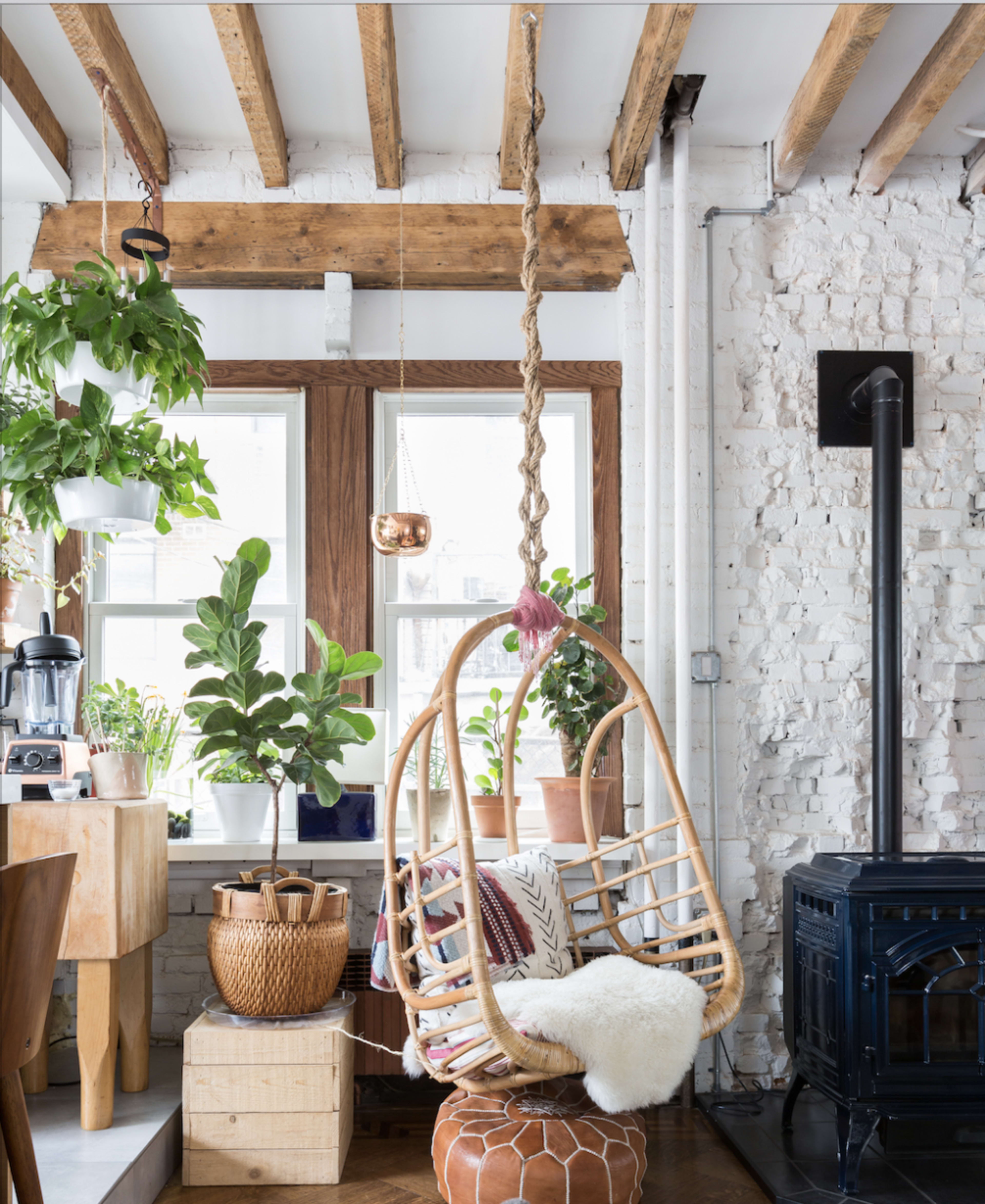 A hanging rattan chair is positioned near a window, surrounded by various indoor plants and wooden decor in a bright, rustic space.