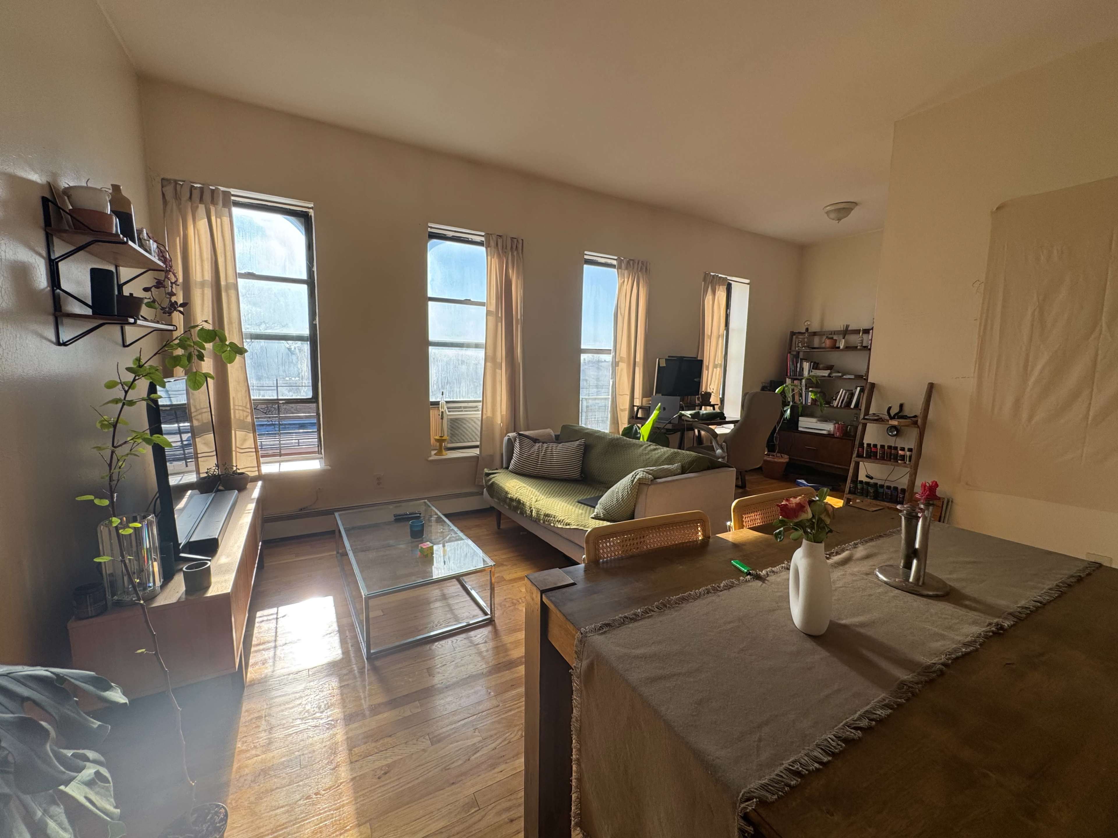 The image shows a bright, sparsely furnished living room with large windows, a green couch, a wooden table, and plants.