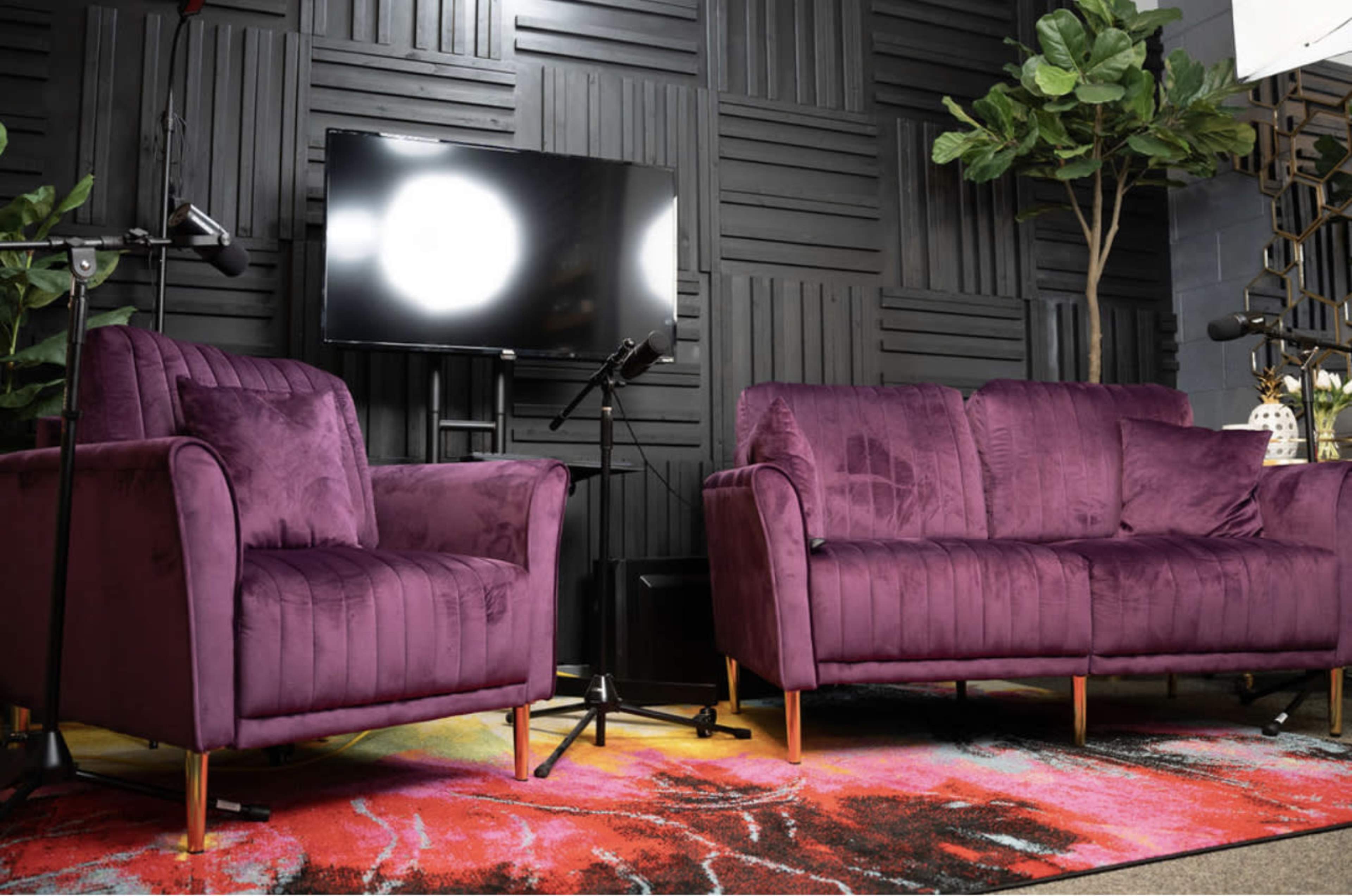 Two purple sofas arranged in a modern room with a television on the wall and decorative plants.