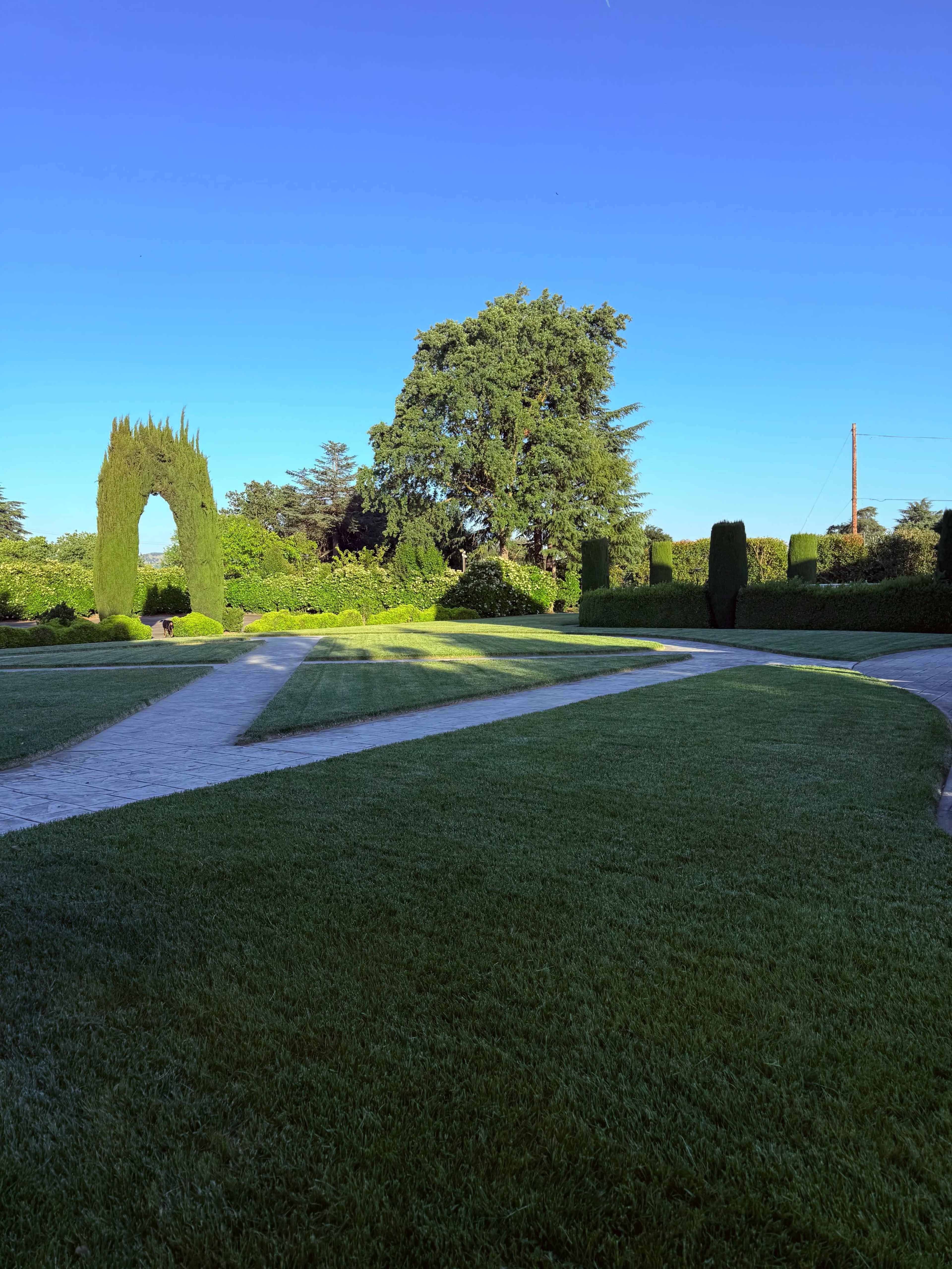 The image shows a landscaped garden with neatly cut grass, a stone pathway, and sculpted hedges under a clear blue sky.