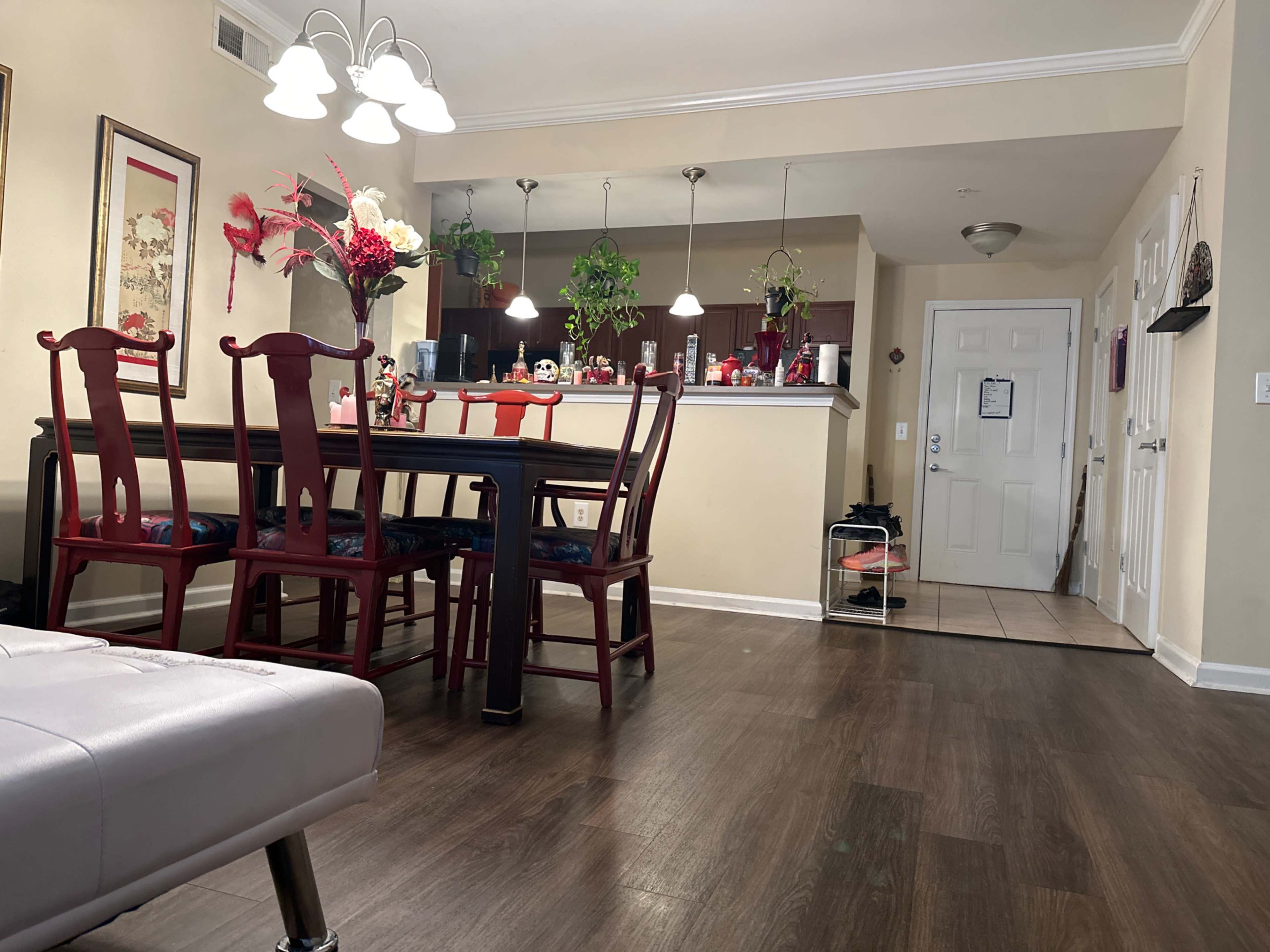 A dining area with a dark wooden table and red chairs, adjacent to a kitchen with hanging plants and overhead lighting.