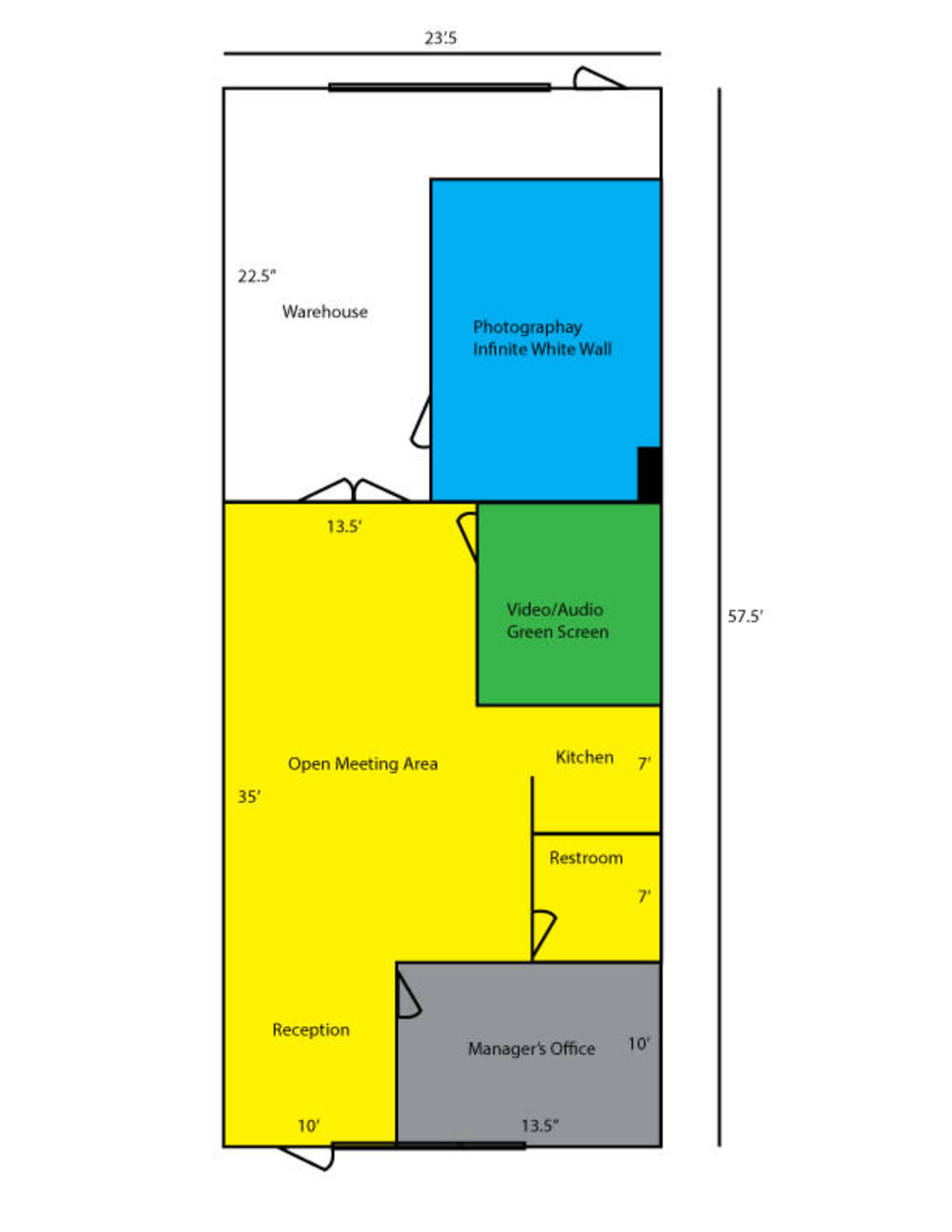 The image shows a floor plan with labeled areas, including a warehouse, photography space, video/audio room, open meeting area, kitchen, restroom, reception, and manager's office, all dimensions provided.