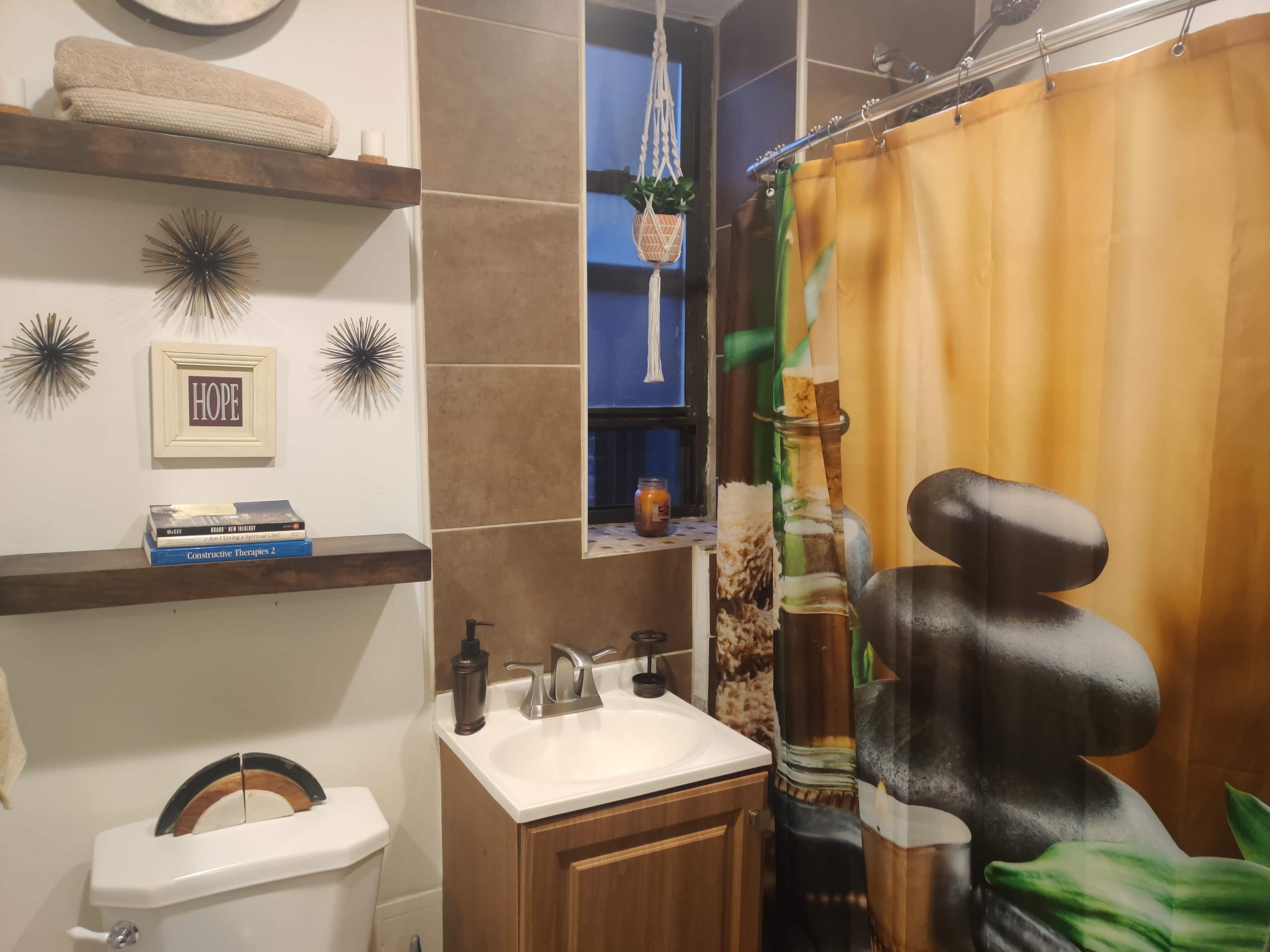 A small bathroom with a vanity, a shower curtain featuring stones and plants, and decorative shelves on the wall.