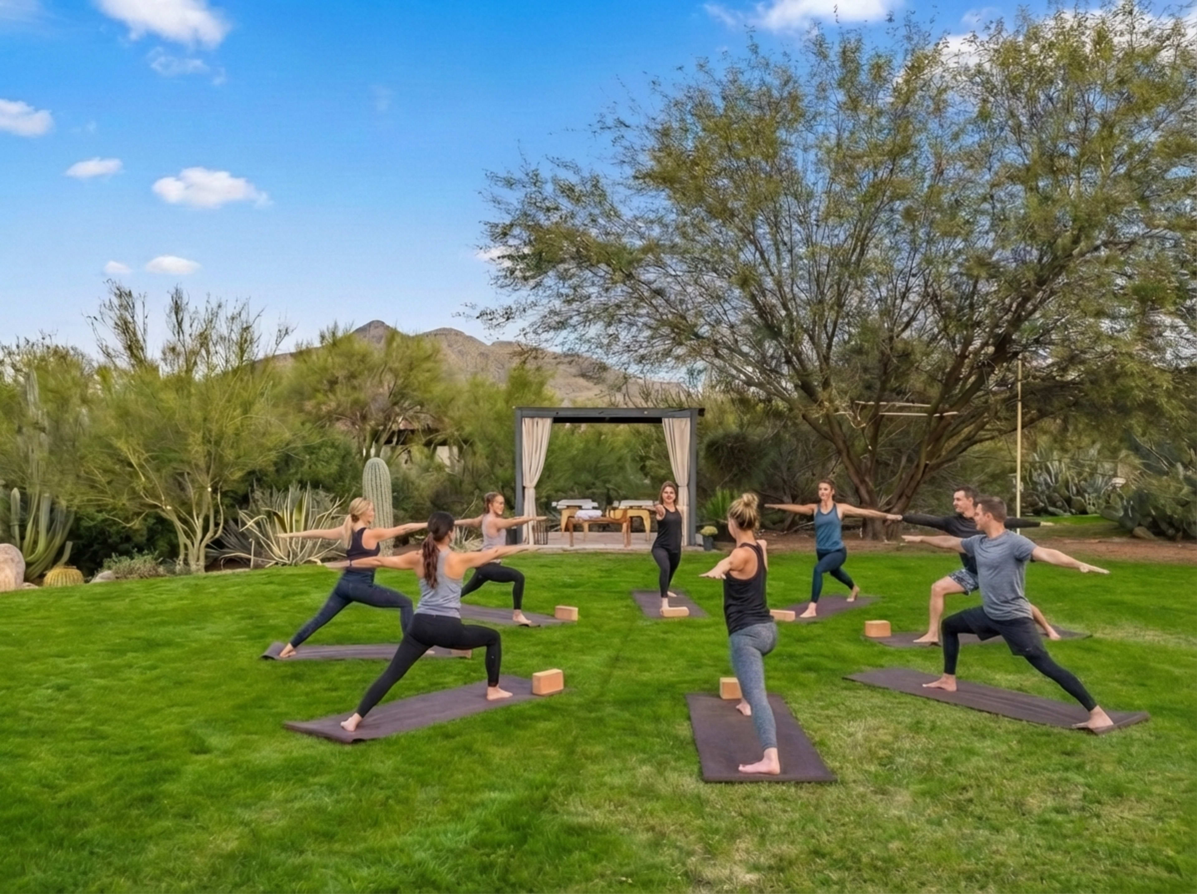 A group of eight people participates in a yoga class on mats in a grassy outdoor setting with trees and mountains in the background.