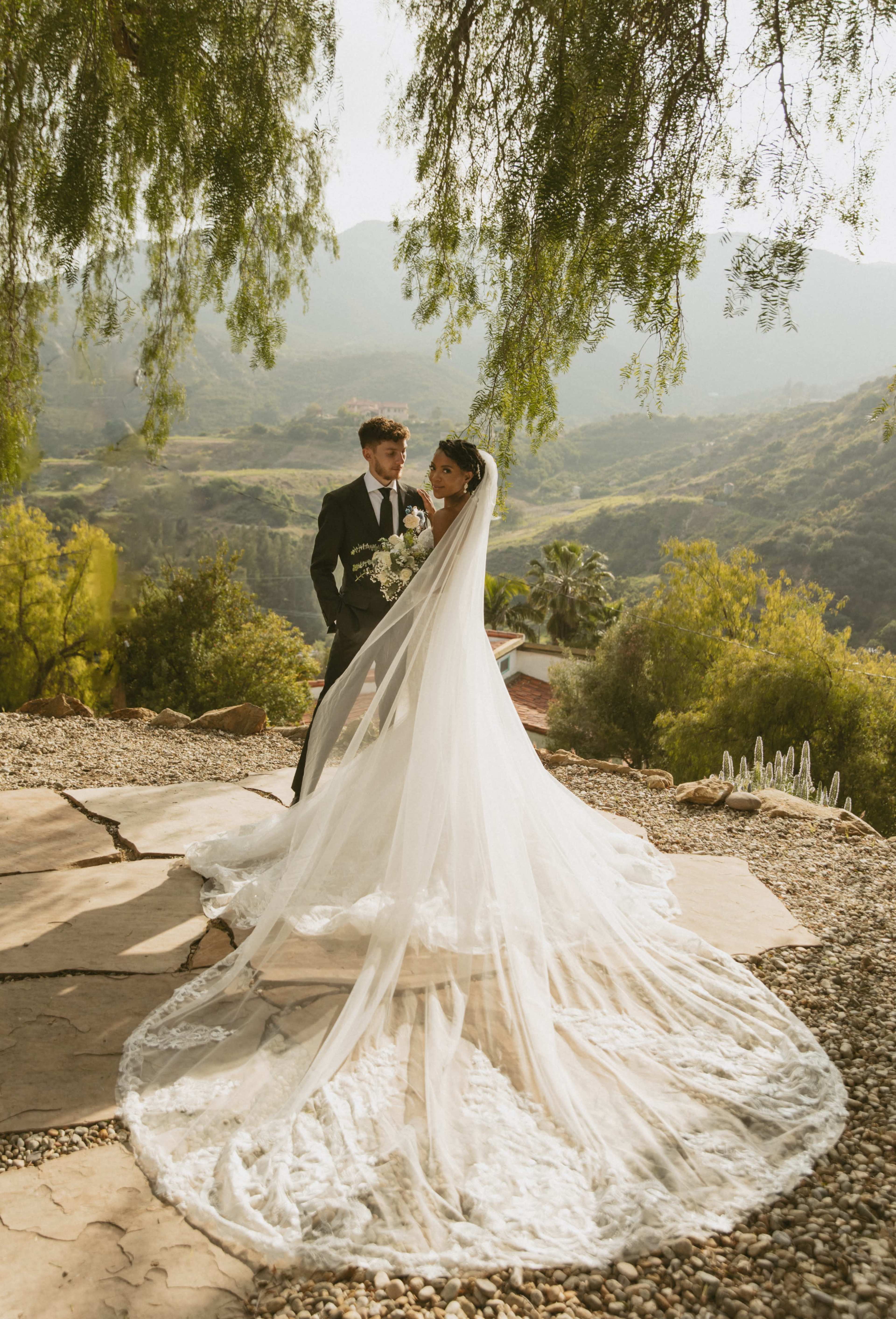 A bride and groom stand together in a natural setting, with the bride's long veil flowing behind her and mountains in the background.