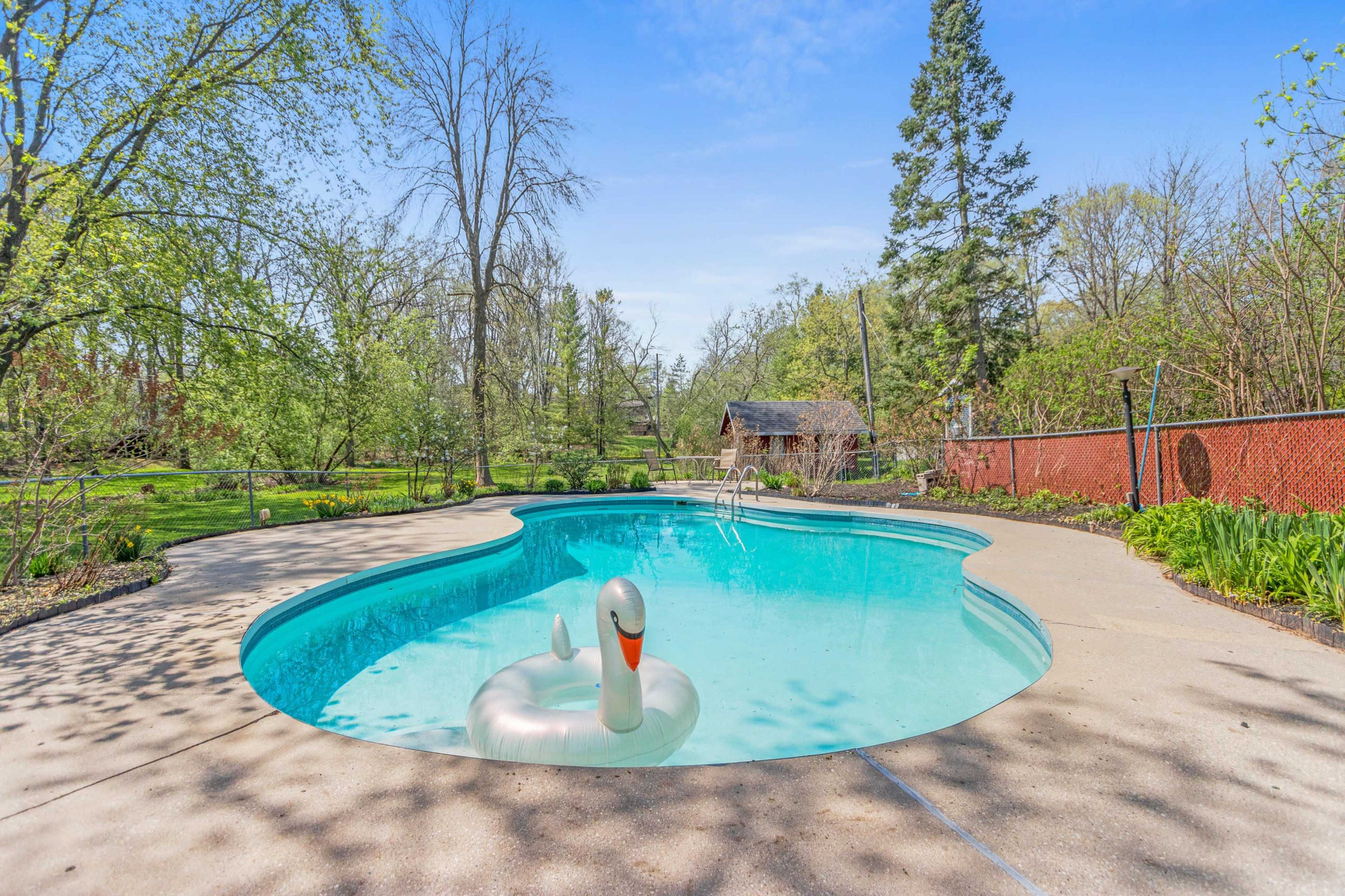 A clear swimming pool with a swan-shaped inflatable float is surrounded by green trees and a rustic shed in the background.