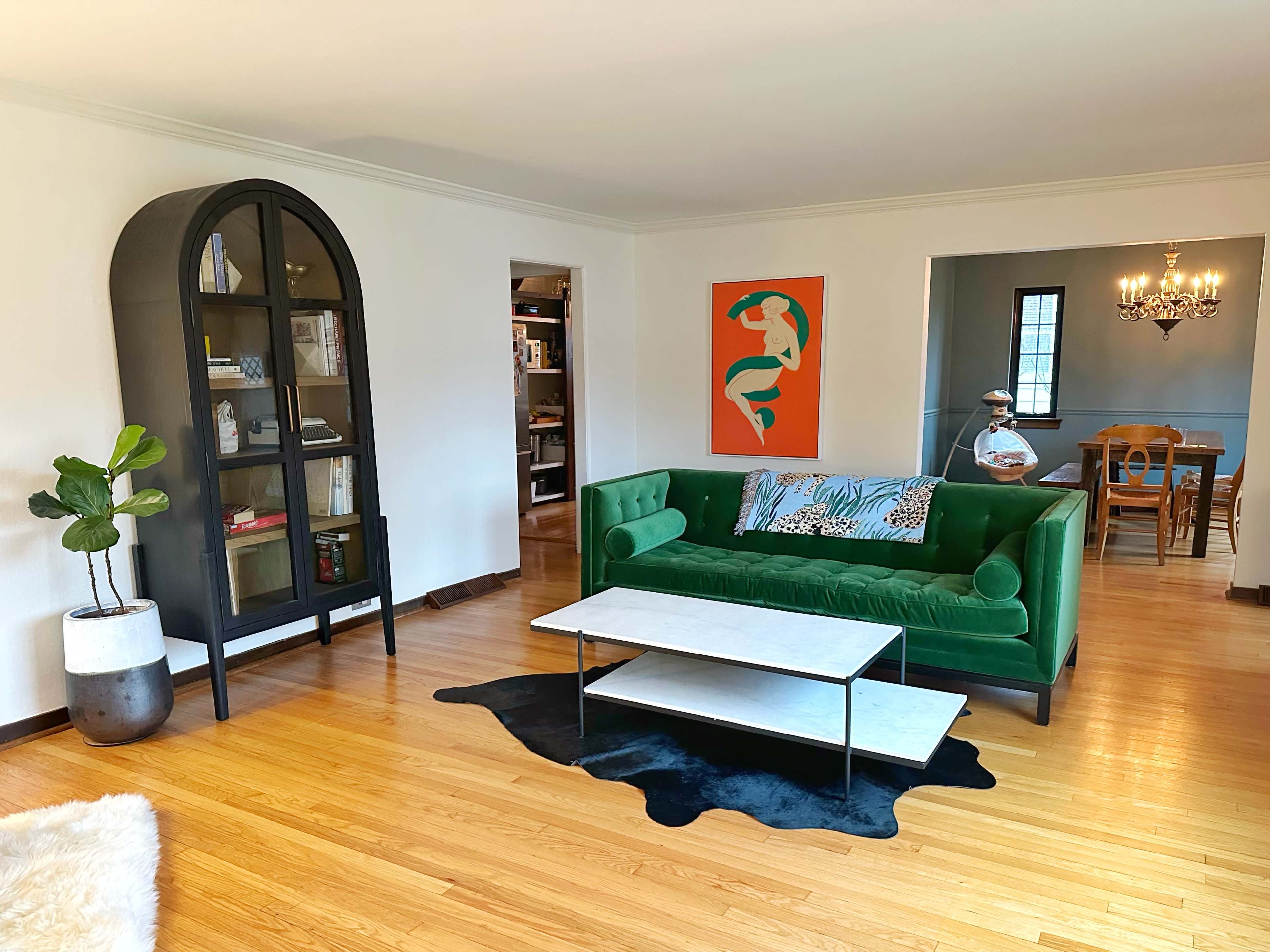 A living room with a green sofa, a black and white patterned rug, a coffee table, a tall bookshelf, and a dining area visible in the background.