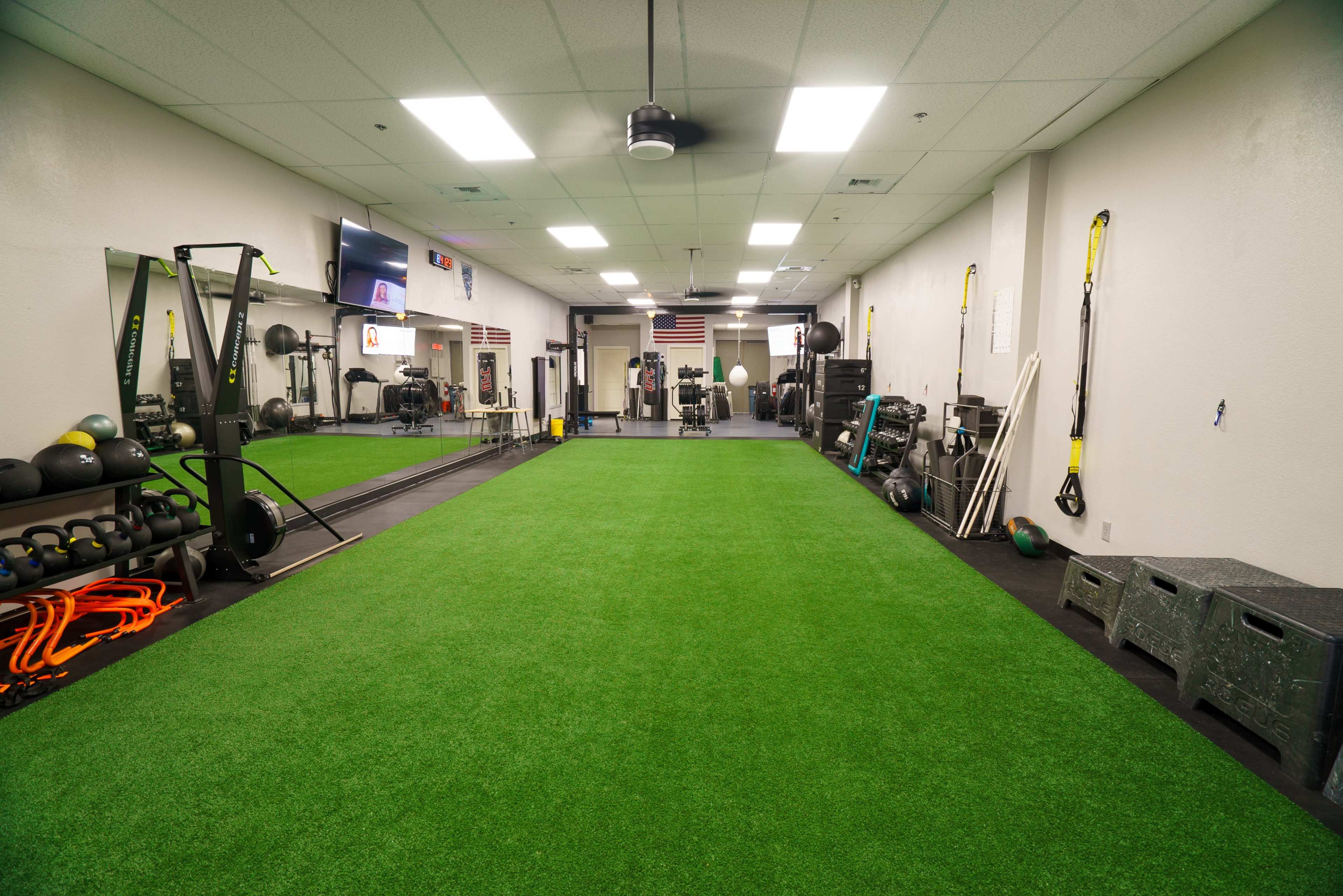 A spacious gym with artificial turf, exercise equipment along the walls, and a television screen mounted on one side.