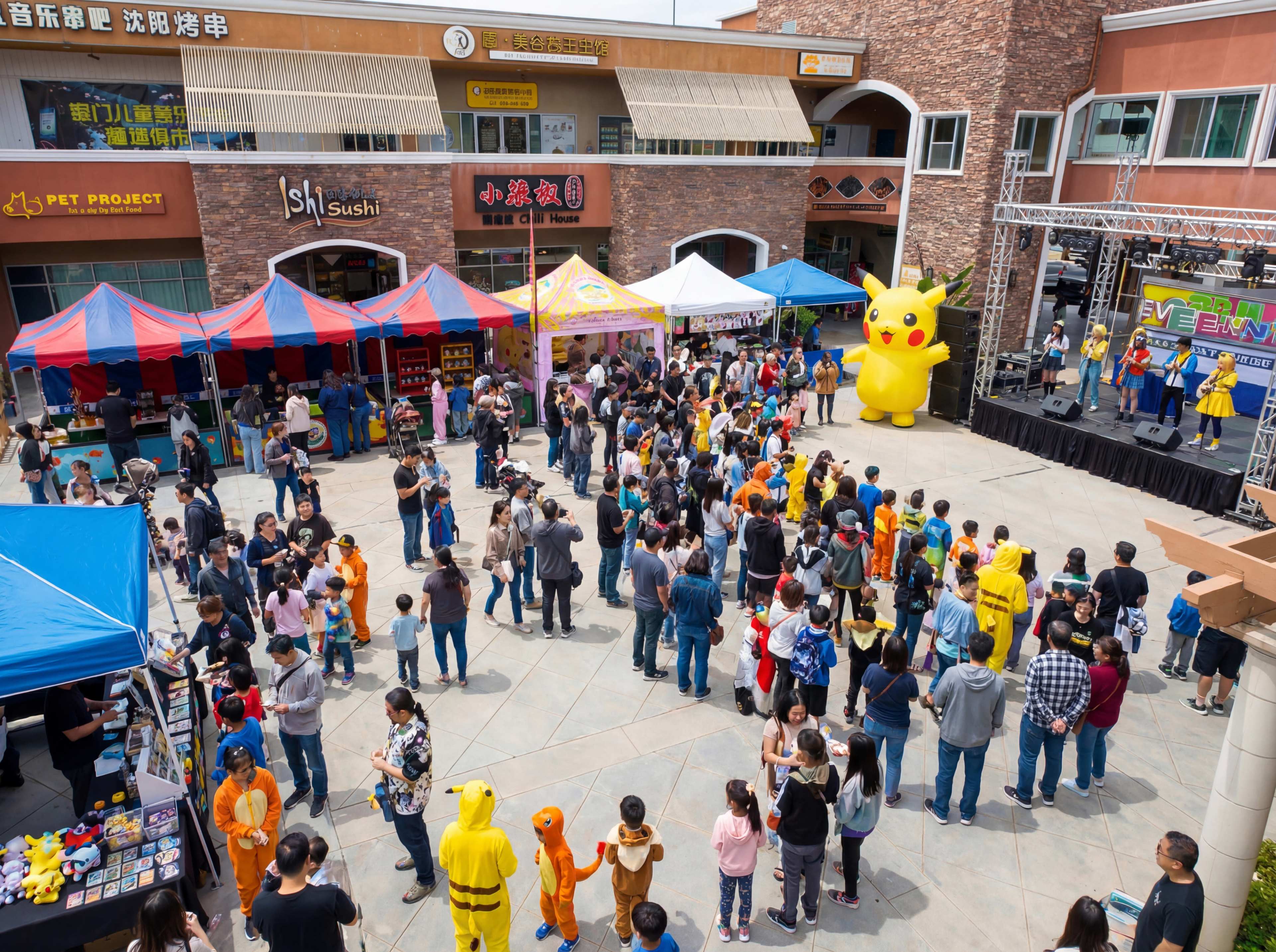 A large crowd gathers in a plaza filled with colorful tents, food stalls, and a stage, featuring a giant Pikachu balloon and performers.