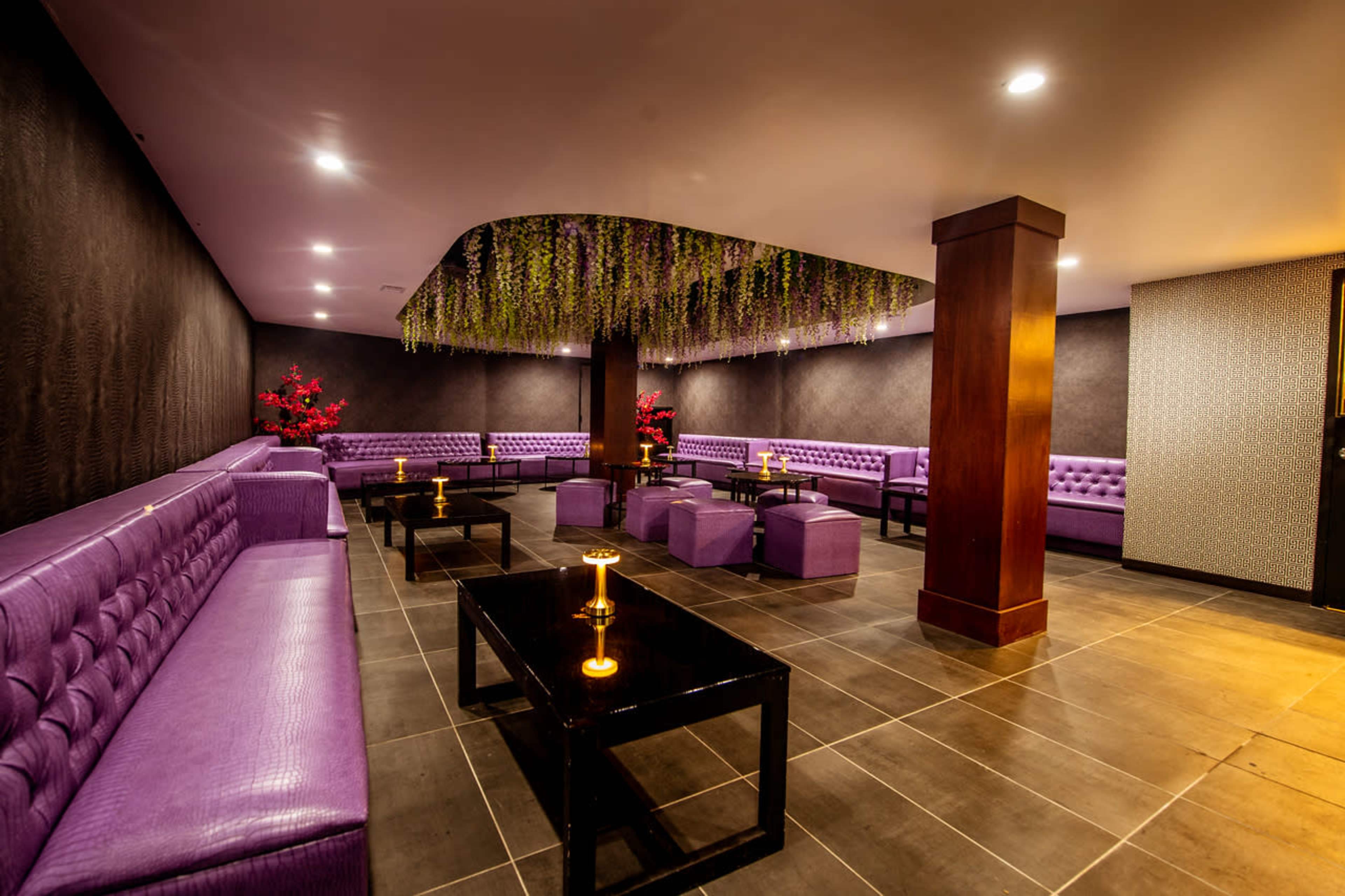 The room features purple upholstered seating arranged around black tables, with decorative greenery hanging from the ceiling.