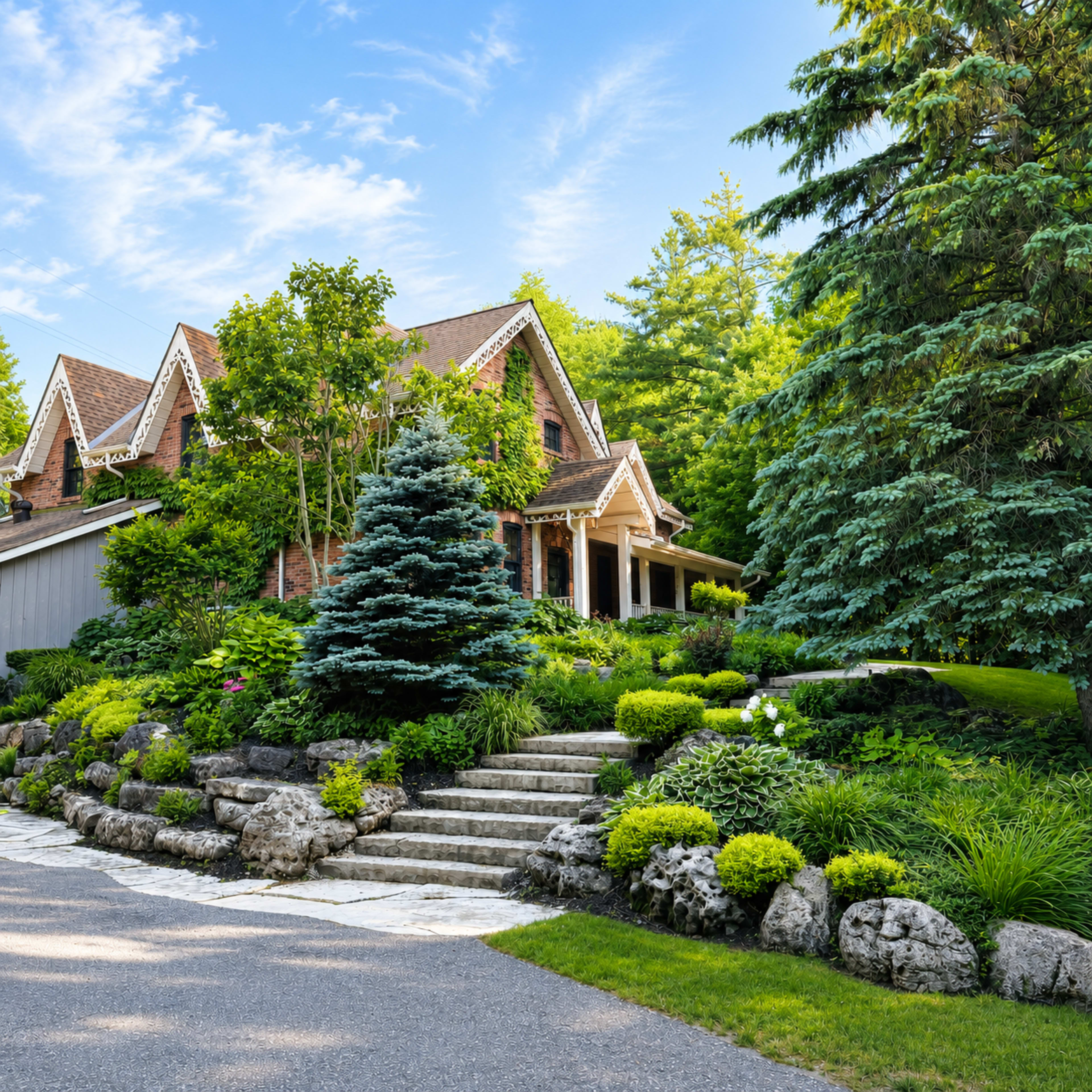 A well-landscaped home with a brick facade features stone steps leading to a porch, surrounded by lush greenery and various plants.