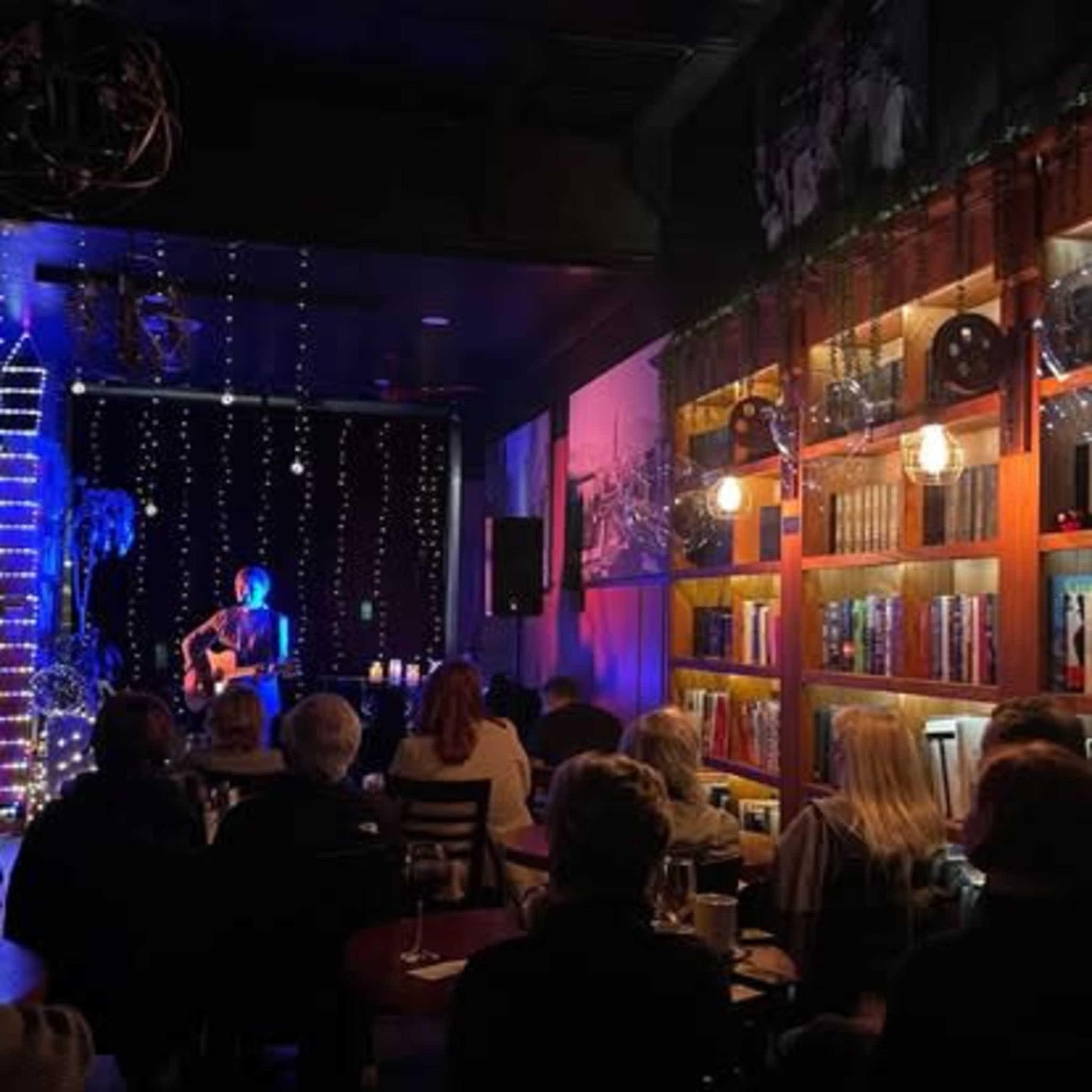 A musician performs on stage in a dimly lit venue filled with seated audience members.