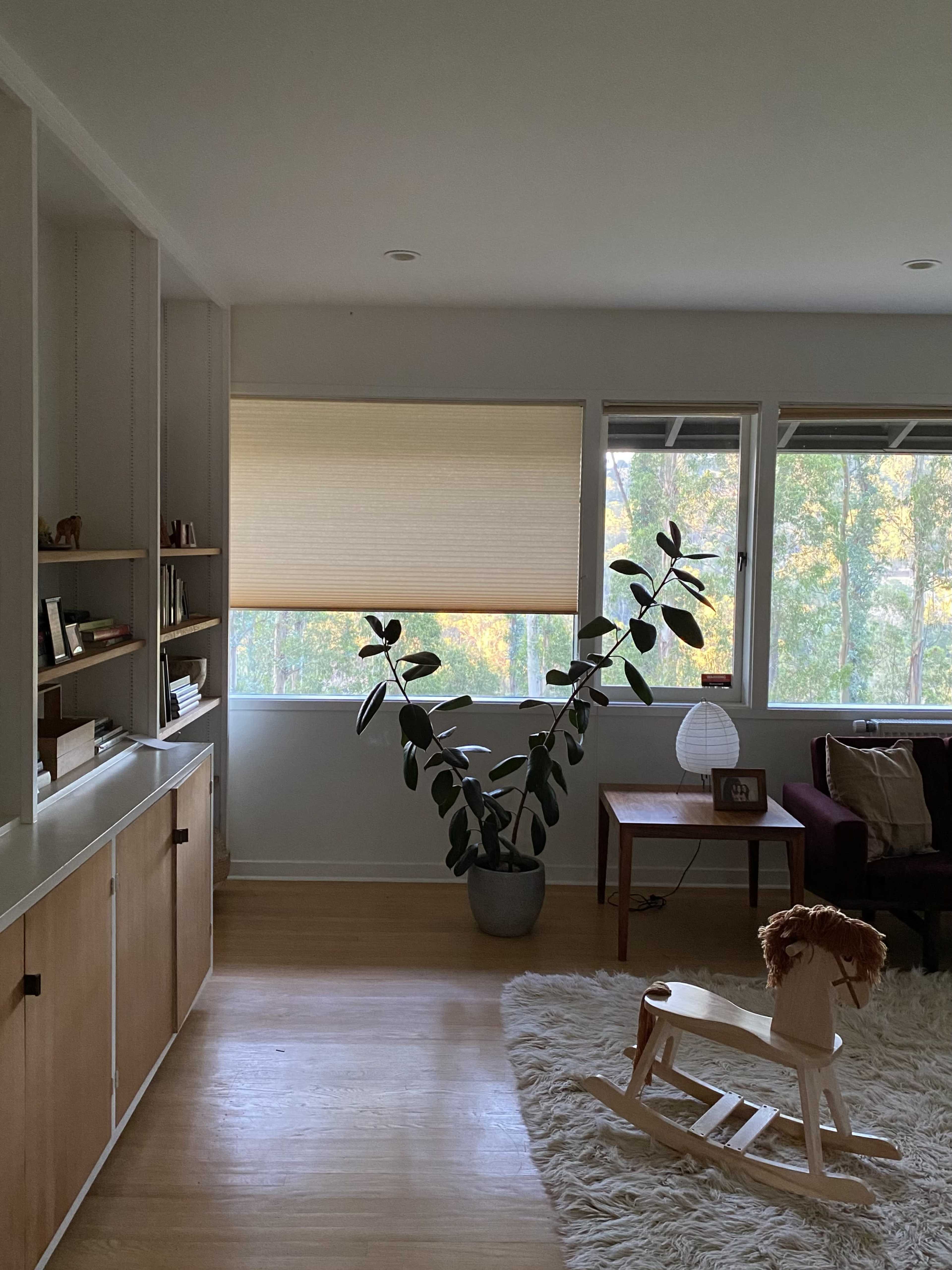 A cozy living room with a large plant in a pot, a wooden rocking horse, a side table, and sunlight filtering through the blinds onto the hardwood floor.