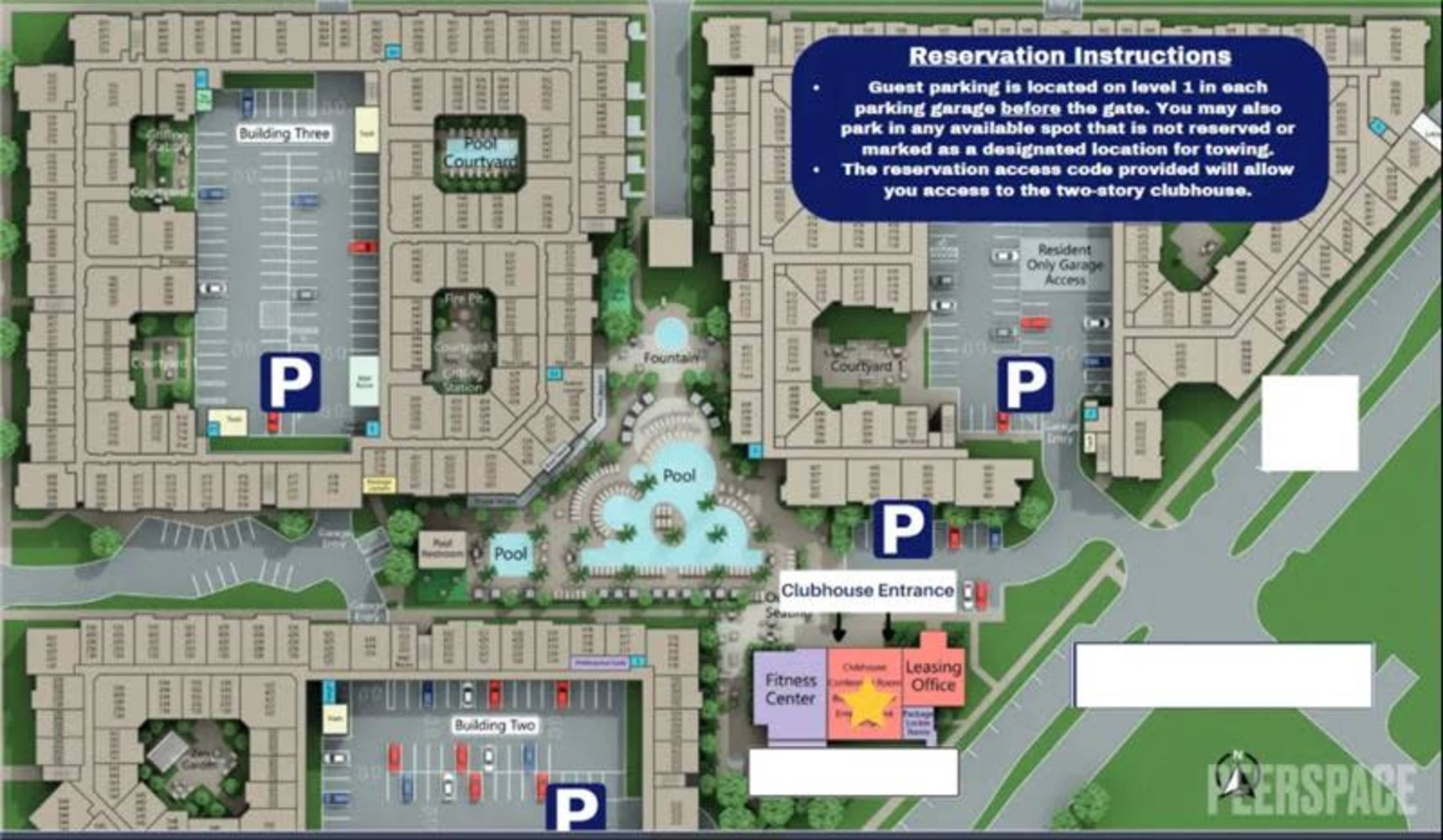 The image shows a detailed layout of a residential complex, including buildings, parking areas, a pool, a fountain, and the clubhouse entrance.