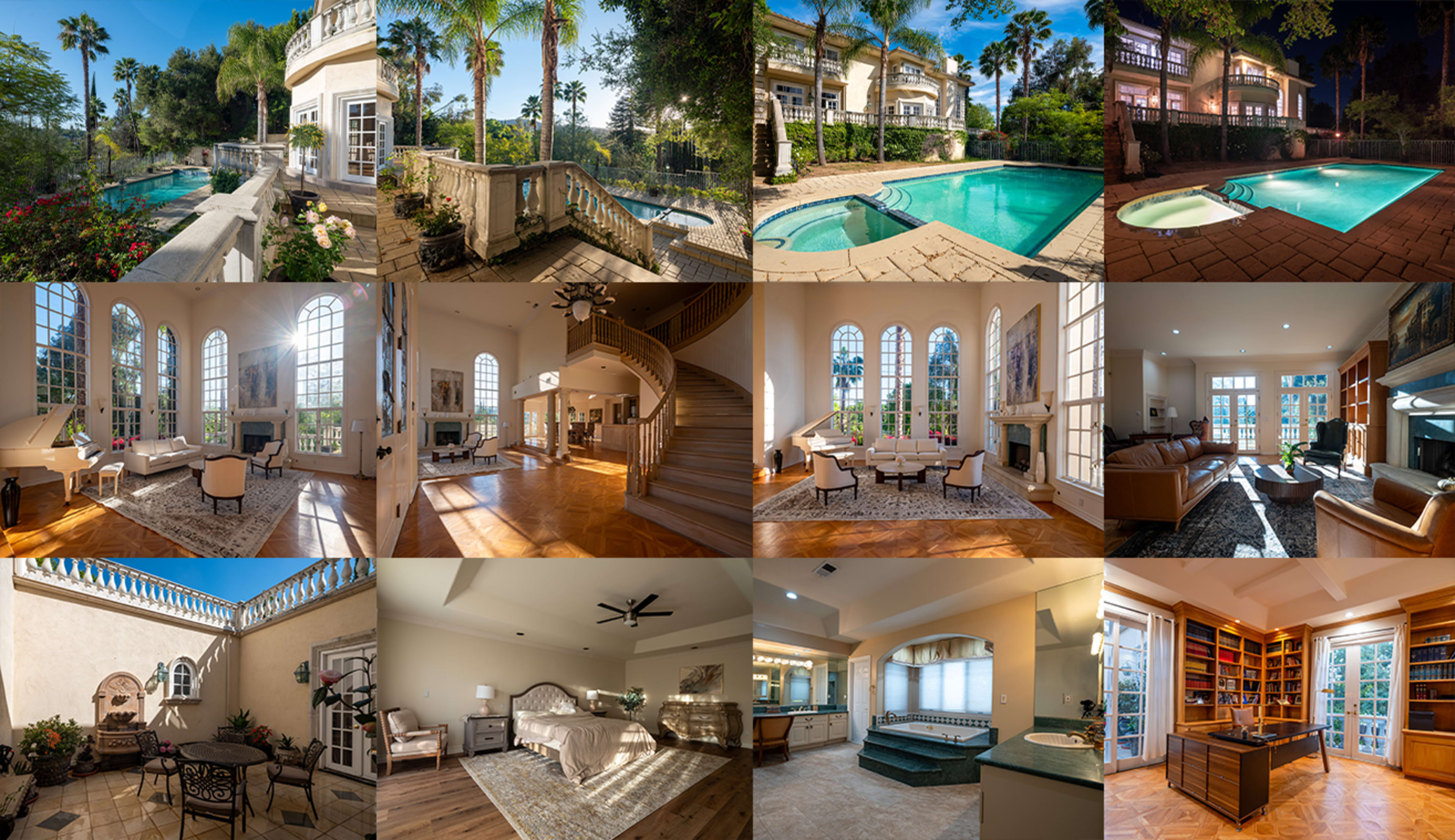 The image features a luxury home with various outdoor and indoor scenes, including a pool area, spacious living rooms, elegant dining spaces, and well-appointed bathrooms.