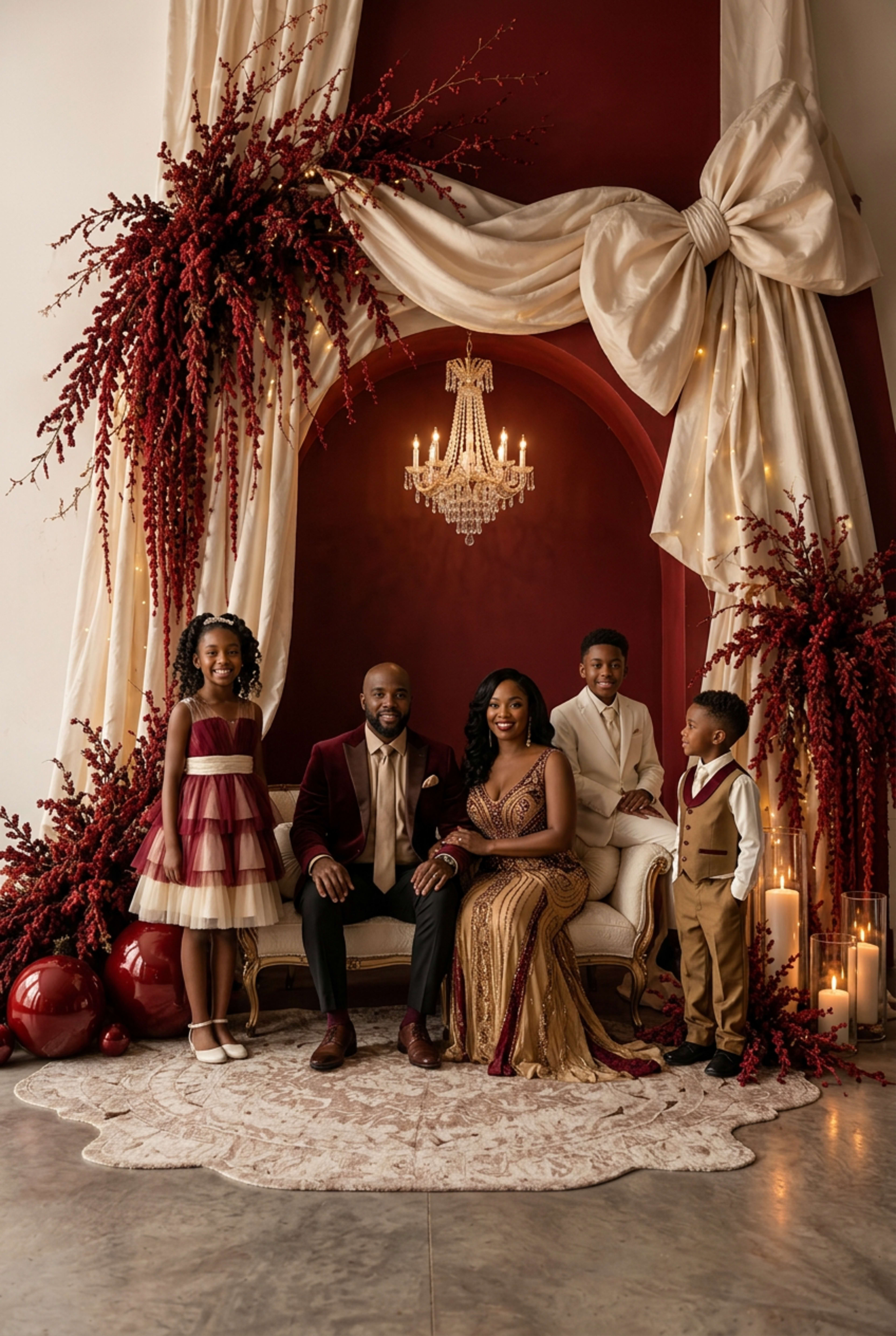 A family of five poses elegantly in a decorated indoor setting with rich red accents, a chandelier, and festive decorations.