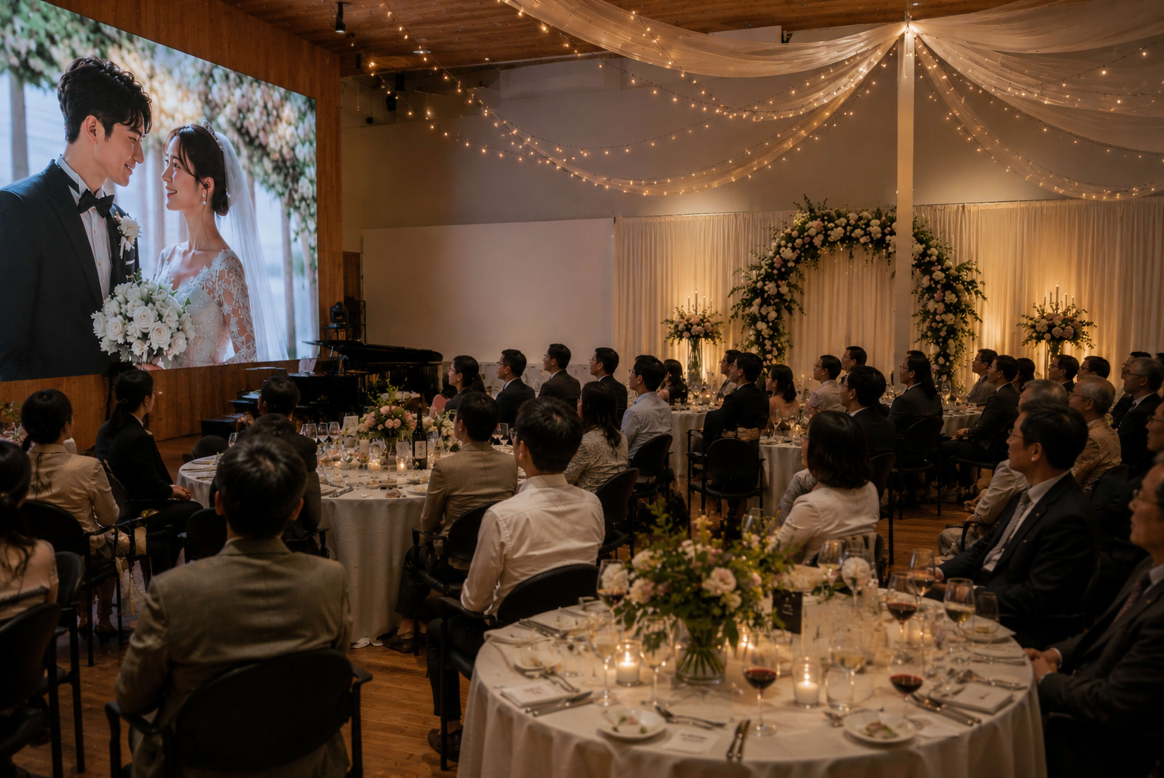 A group of guests sits at elegantly set tables, watching a couple's photo displayed on a large screen during a wedding reception in a dimly lit venue adorned with twinkling lights and floral arrangements.