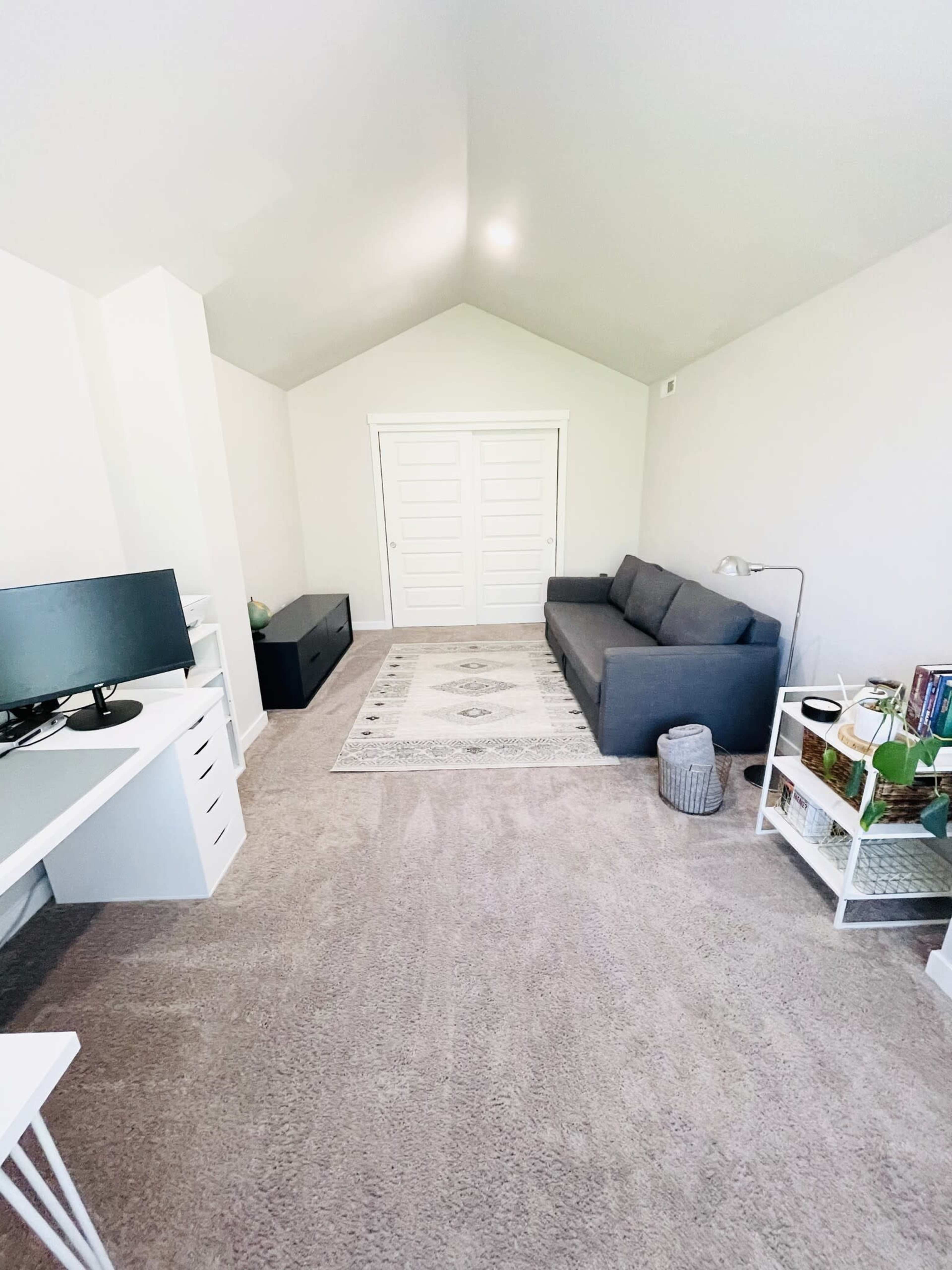 The image shows a bright room with a gray sofa, a white desk with a computer monitor, a black cabinet, and a shelf with plants and books, all set on a carpeted floor.