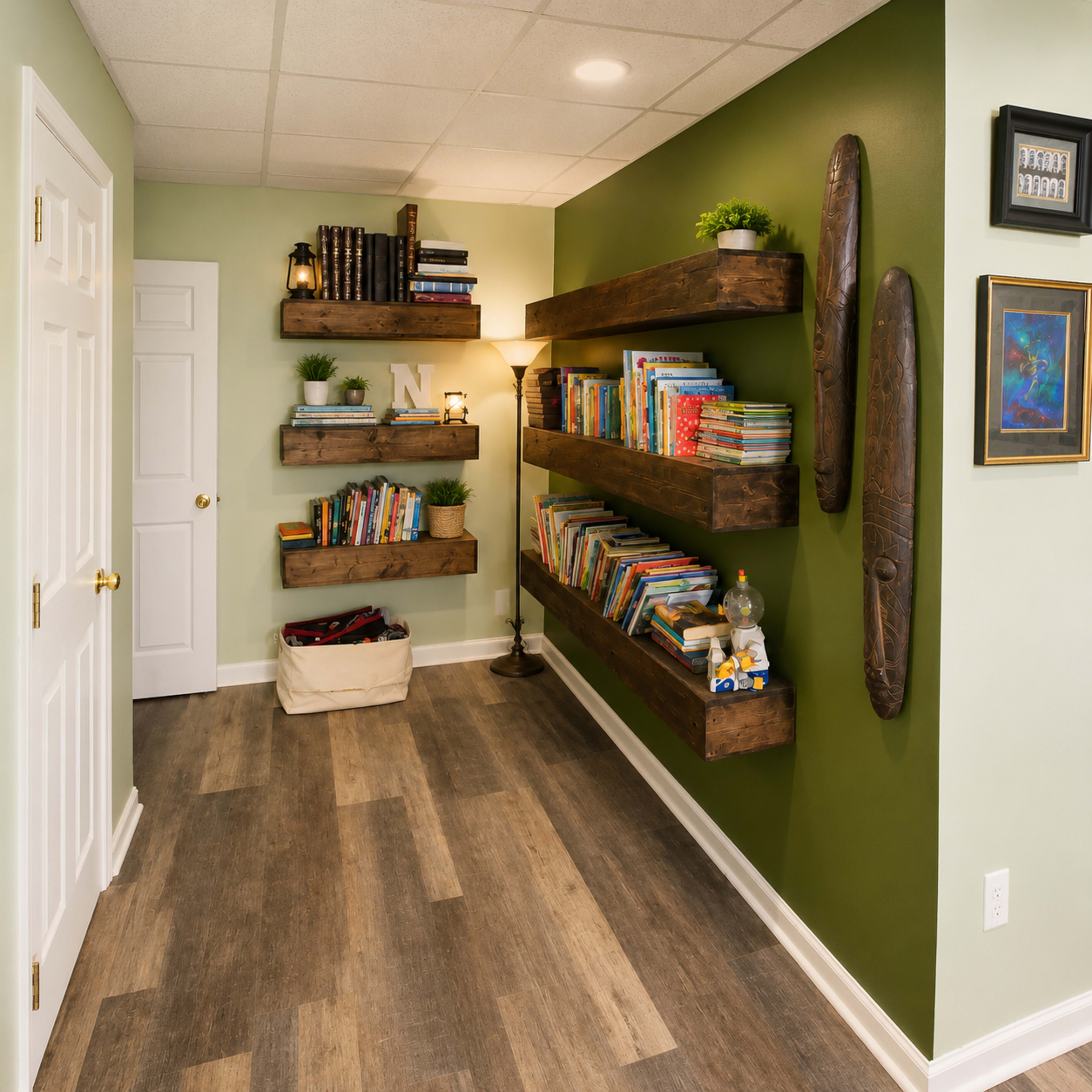 The image shows a well-organized interior space featuring floating wooden shelves filled with books, a lamp, and decorative items against a green wall.