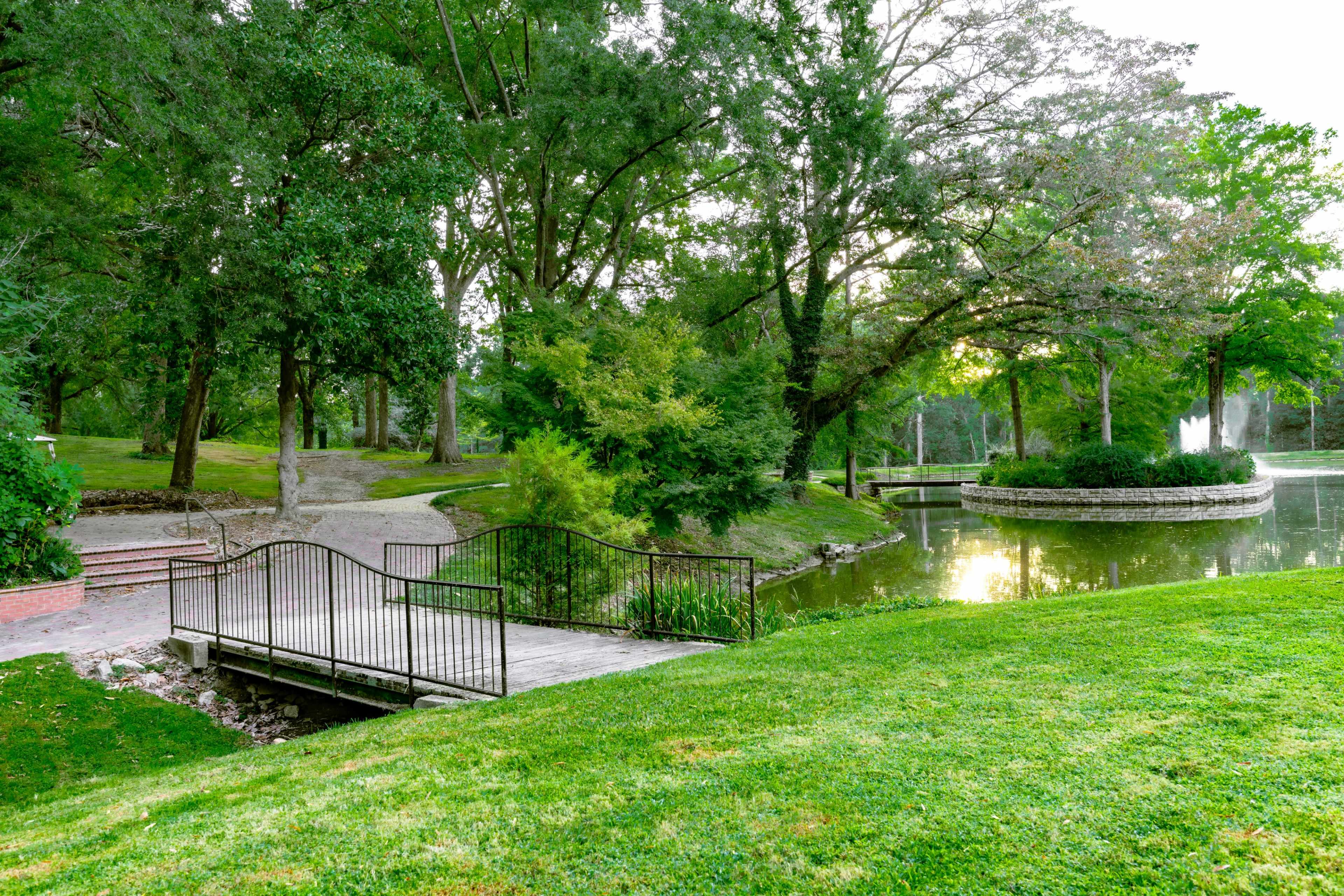 A wooden bridge crosses a small stream in a park surrounded by lush greenery and a pond.