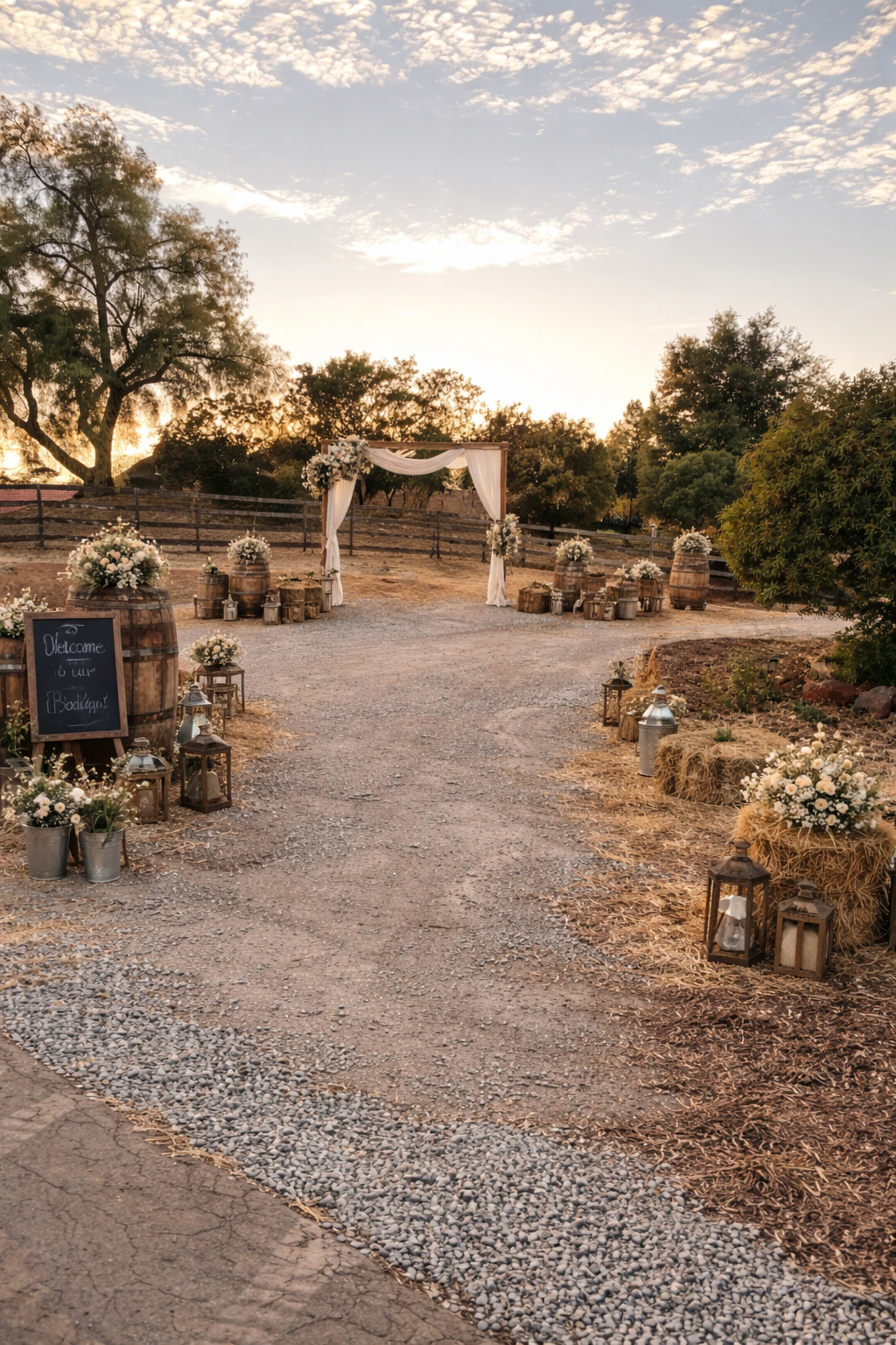 A gravel pathway leads to a decorated archway with floral arrangements and lanterns, flanked by barrels and hay bales in a rustic outdoor setting.