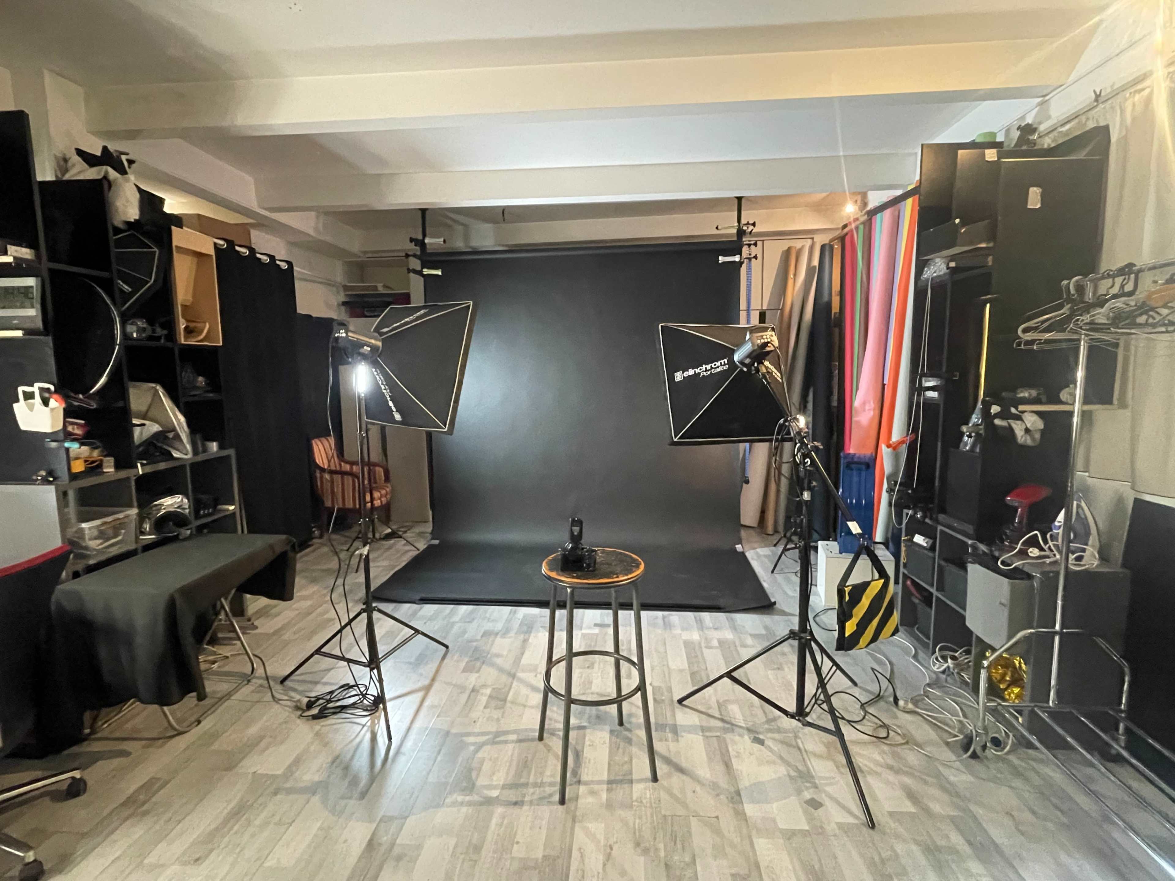 A photography studio with two softbox lights, a stool in the center, and a black backdrop.