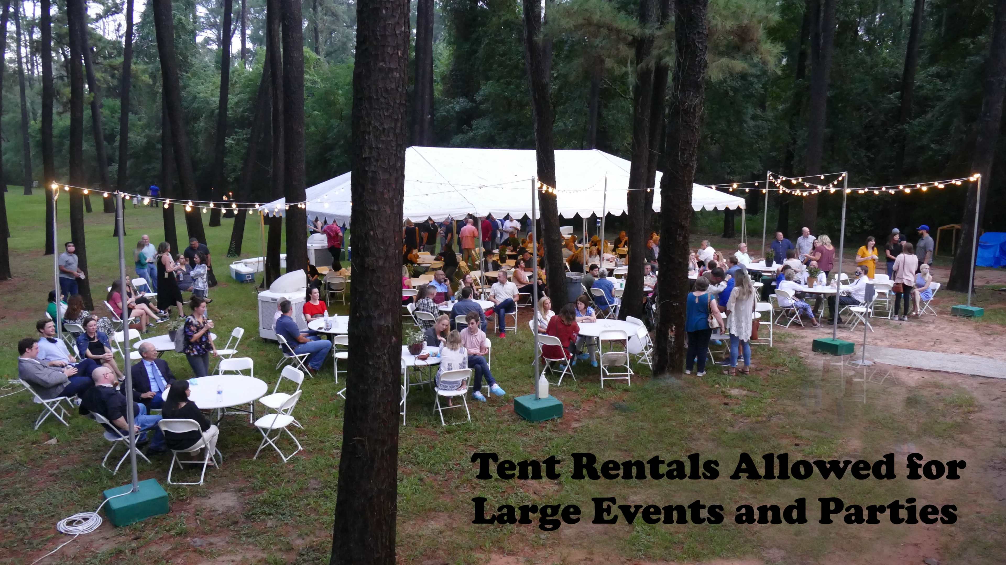 A large outdoor gathering is taking place under a white tent surrounded by tall trees, with people seated at tables and strung lights overhead.