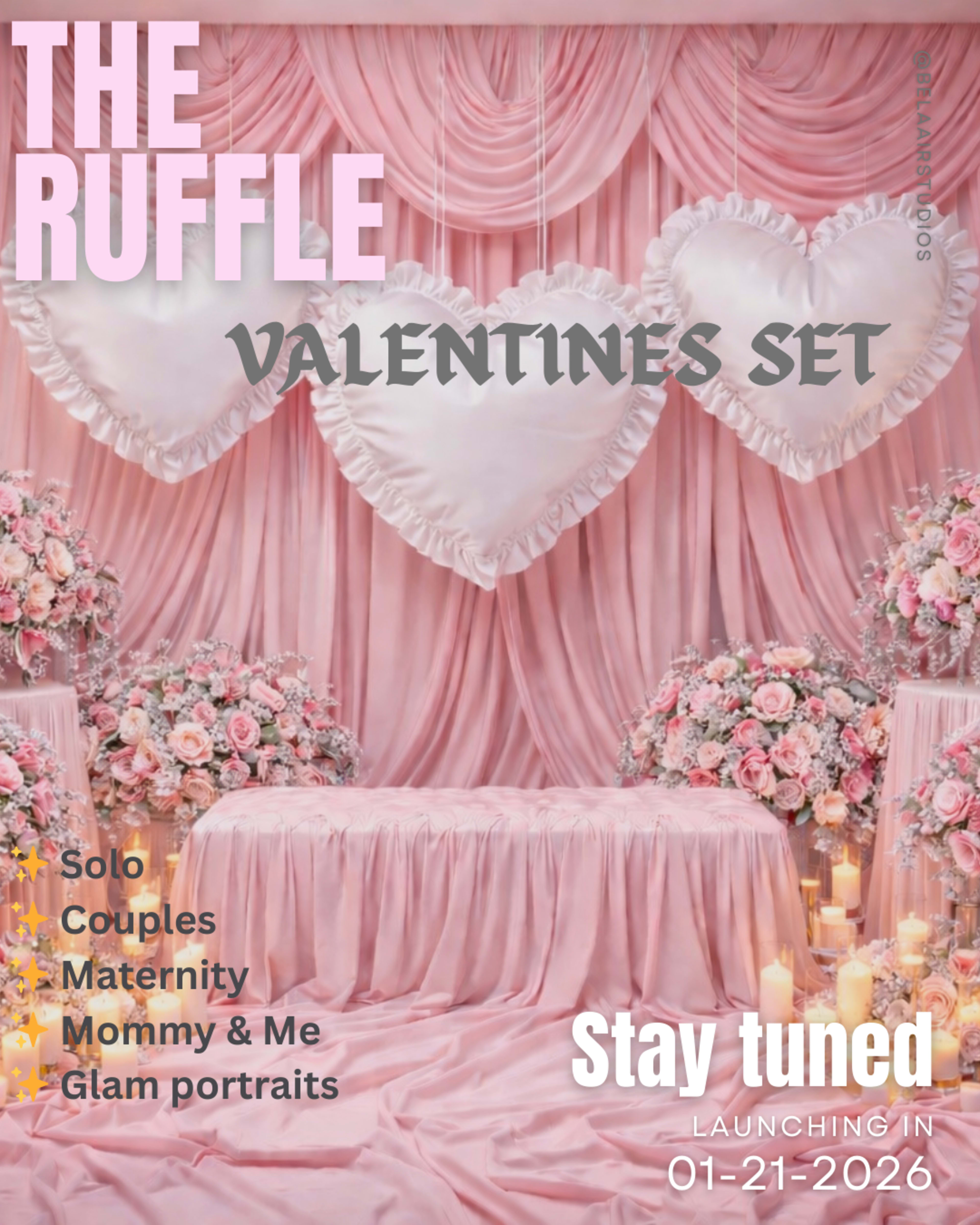 The image features a decorative backdrop with pink drapes, heart-shaped cushions, and floral arrangements, creating a themed setting for Valentine's Day photography.
