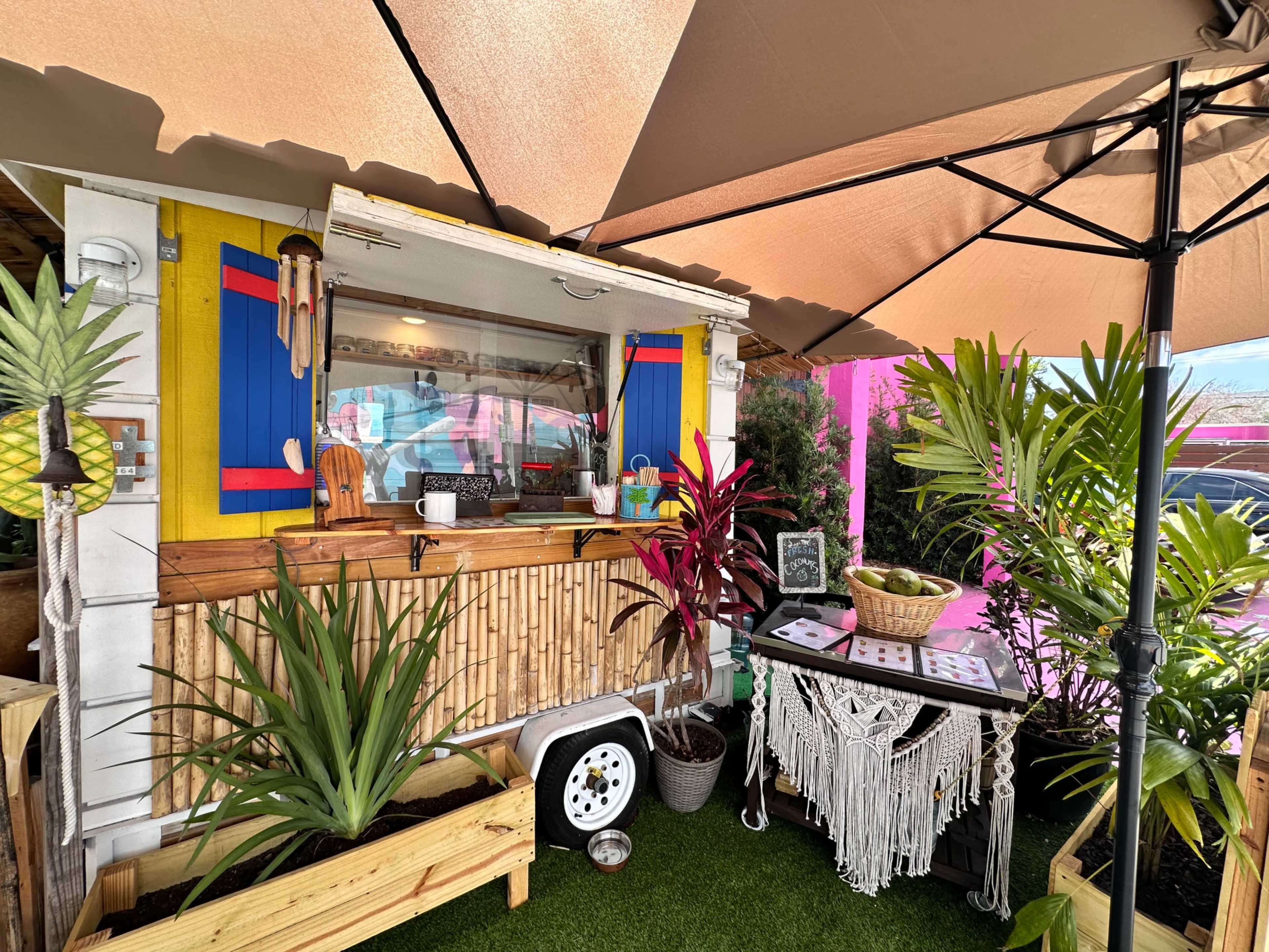 A colorful food truck is set up outdoors under an umbrella, adorned with plants and decorative elements.