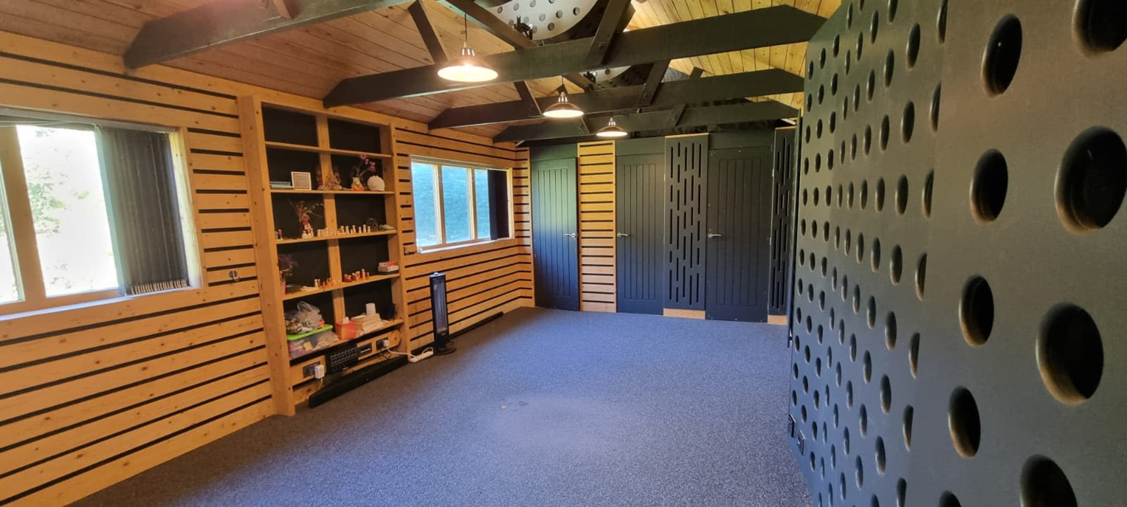 The image shows a spacious room with wooden slatted walls, a blue carpeted floor, and three dark doors, surrounded by large windows that let in natural light.