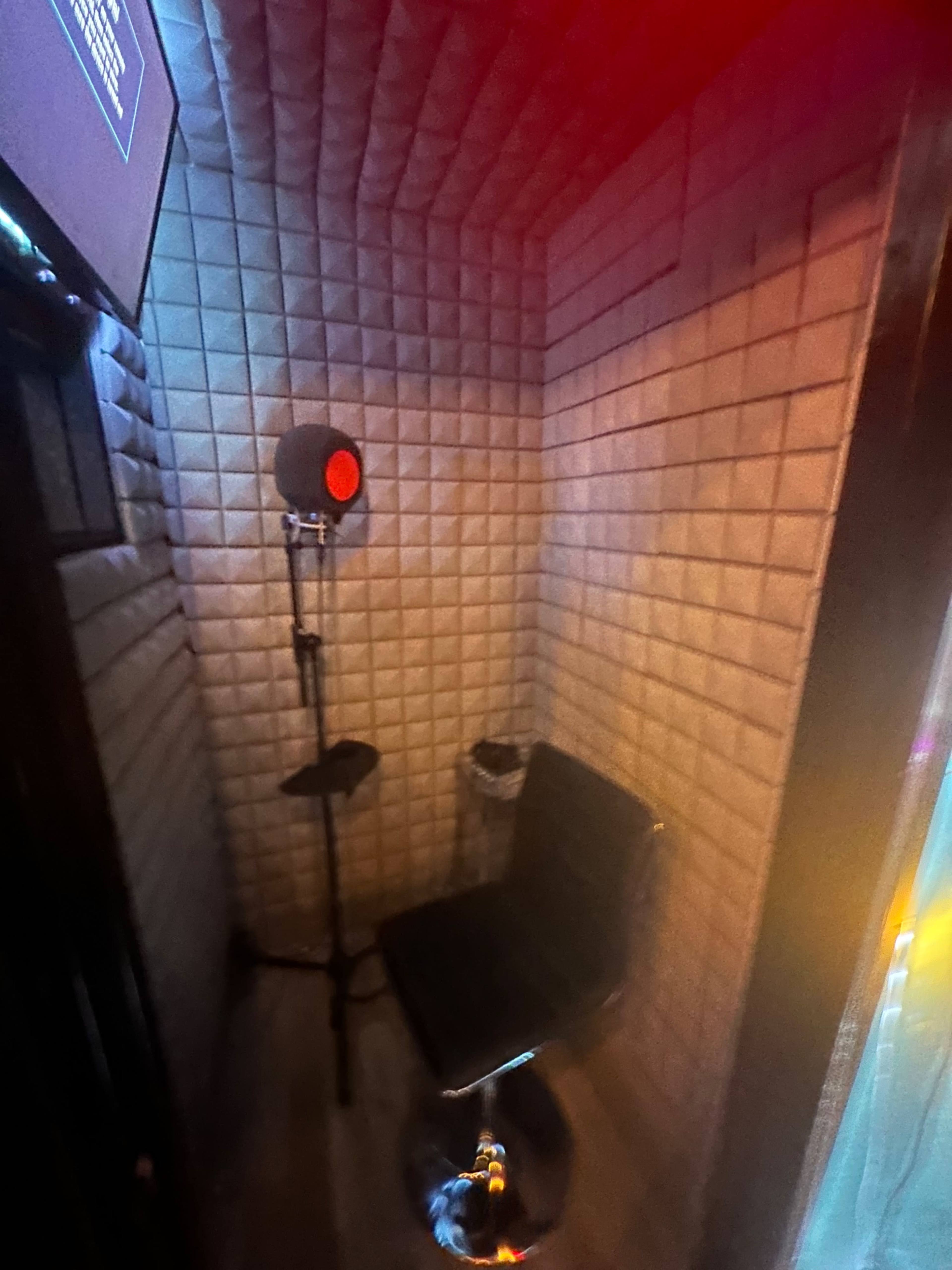 A small, padded room containing a microphone on a stand next to a black chair and a trash can.