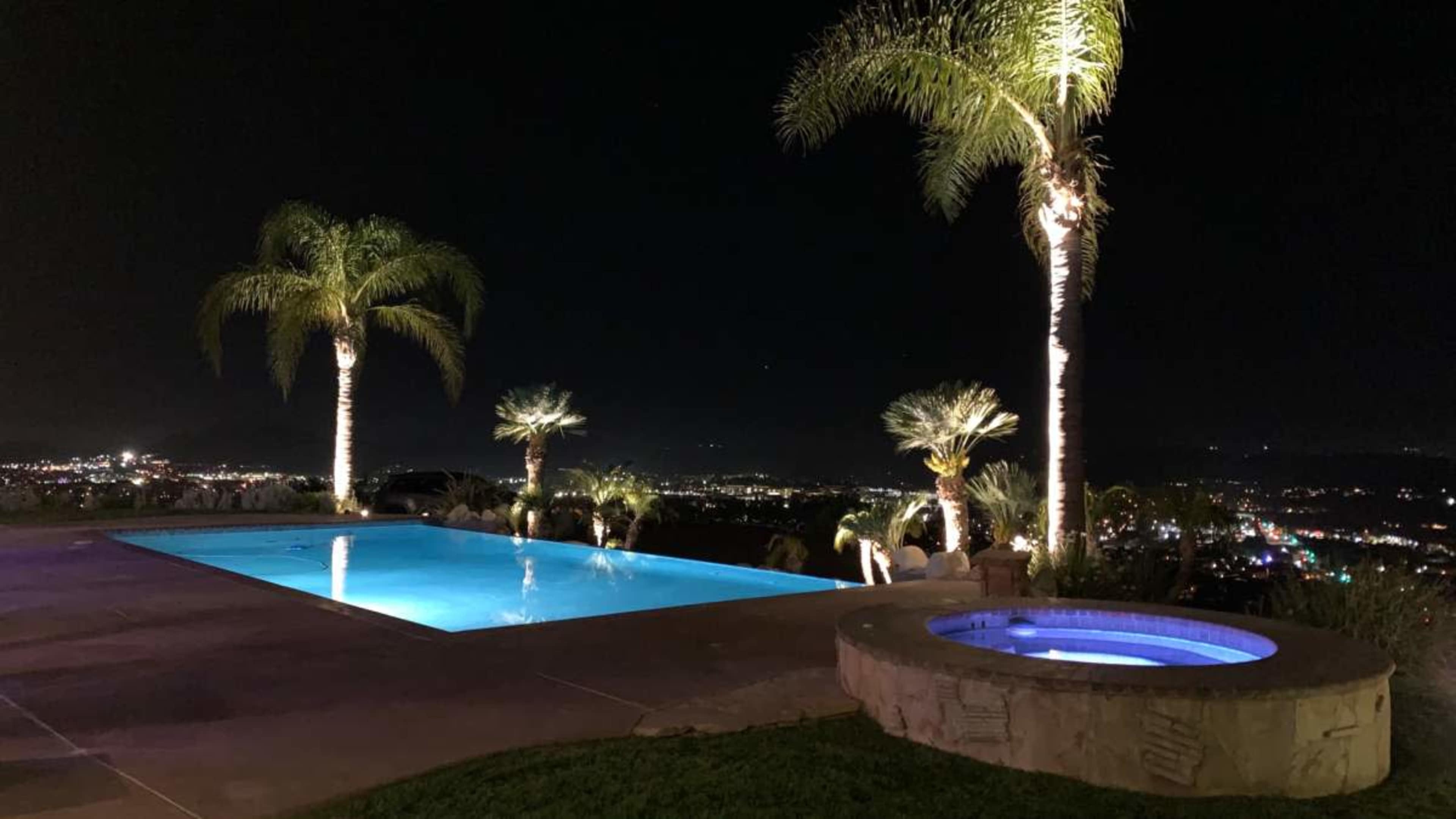 The image features a well-lit swimming pool and a spa surrounded by palm trees at night, overlooking a city skyline.