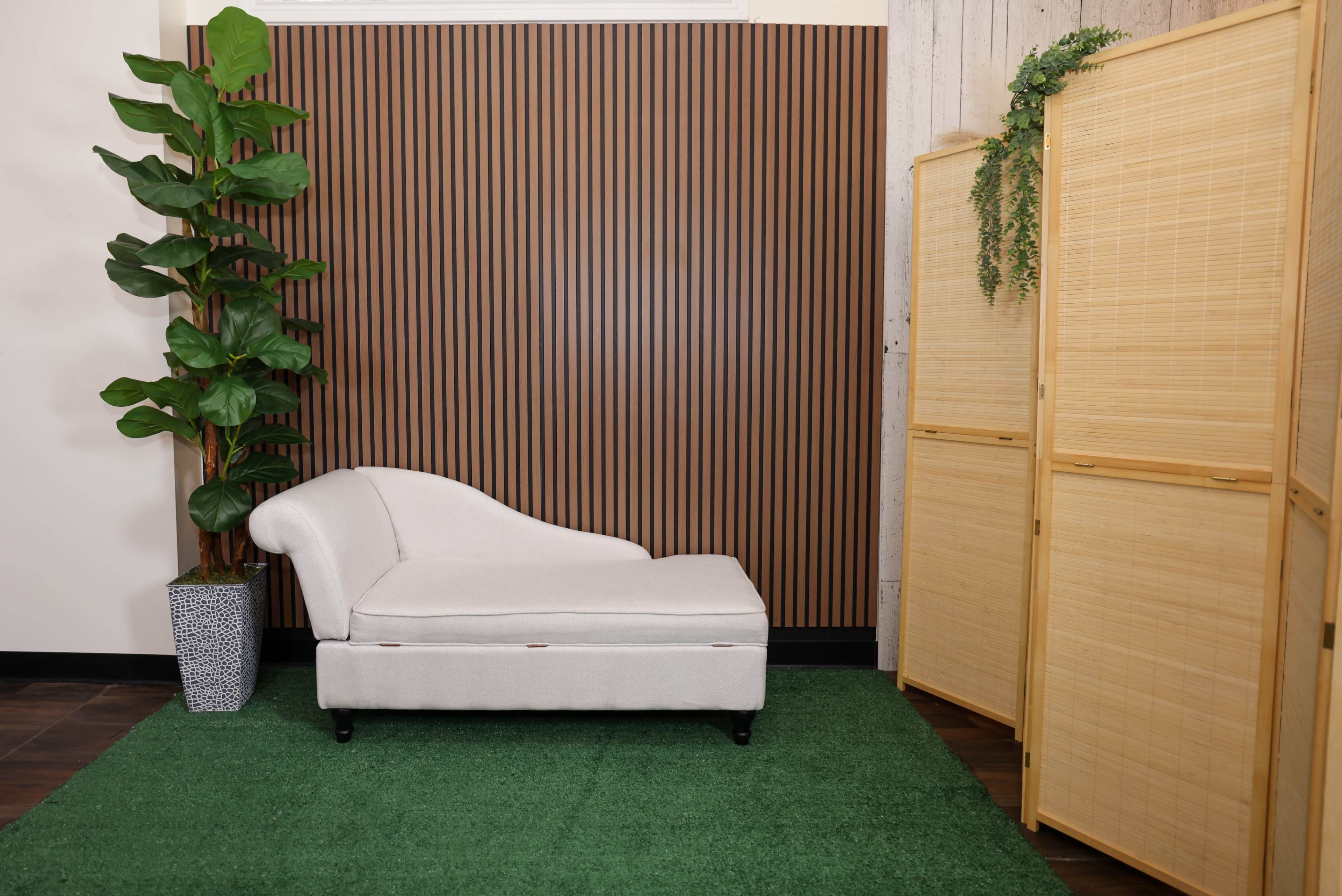 The image features a light-colored chaise lounge positioned on a green carpet, with a tall potted plant and a wooden room divider in the background.